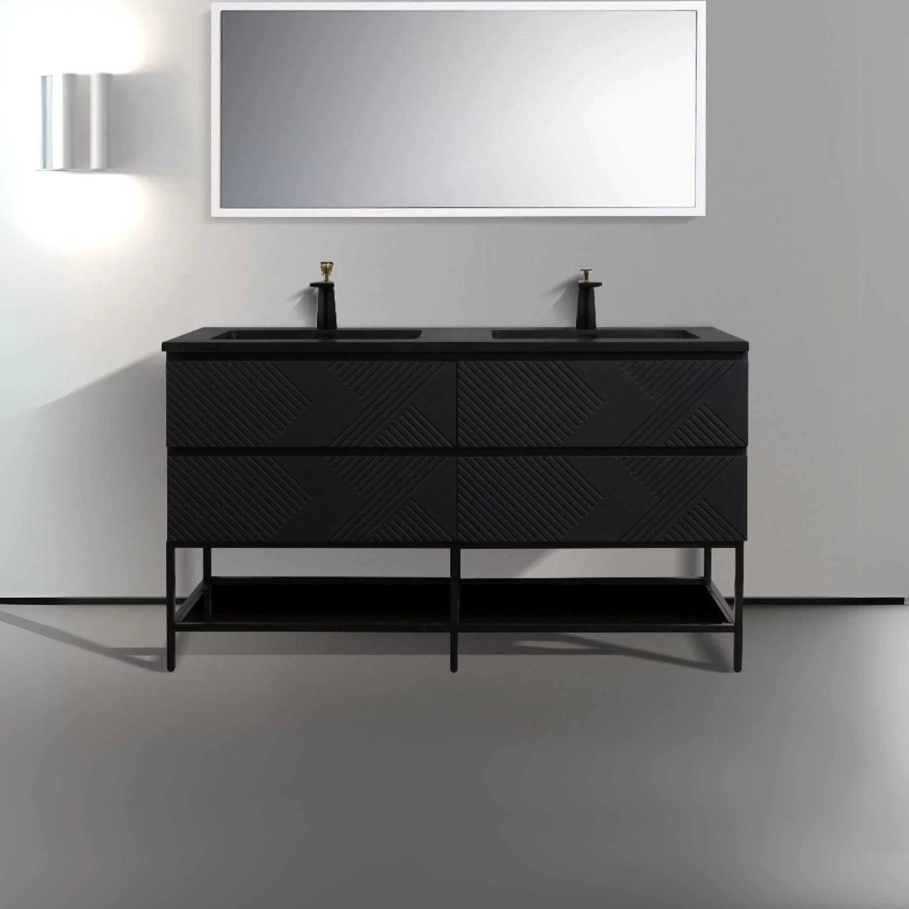 60" Black Wall Mount Bathroom Vanity with Black Engineered Quartz Countertop-Migration_Bathroom Vanities-DECOROLALA