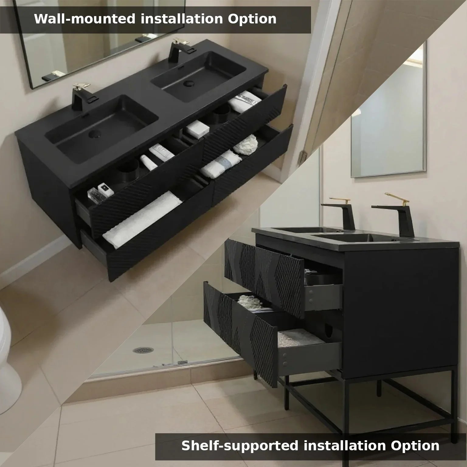 60" Black Wall Mount Bathroom Vanity with Black Engineered Quartz Countertop-Migration_Bathroom Vanities-DECOROLALA