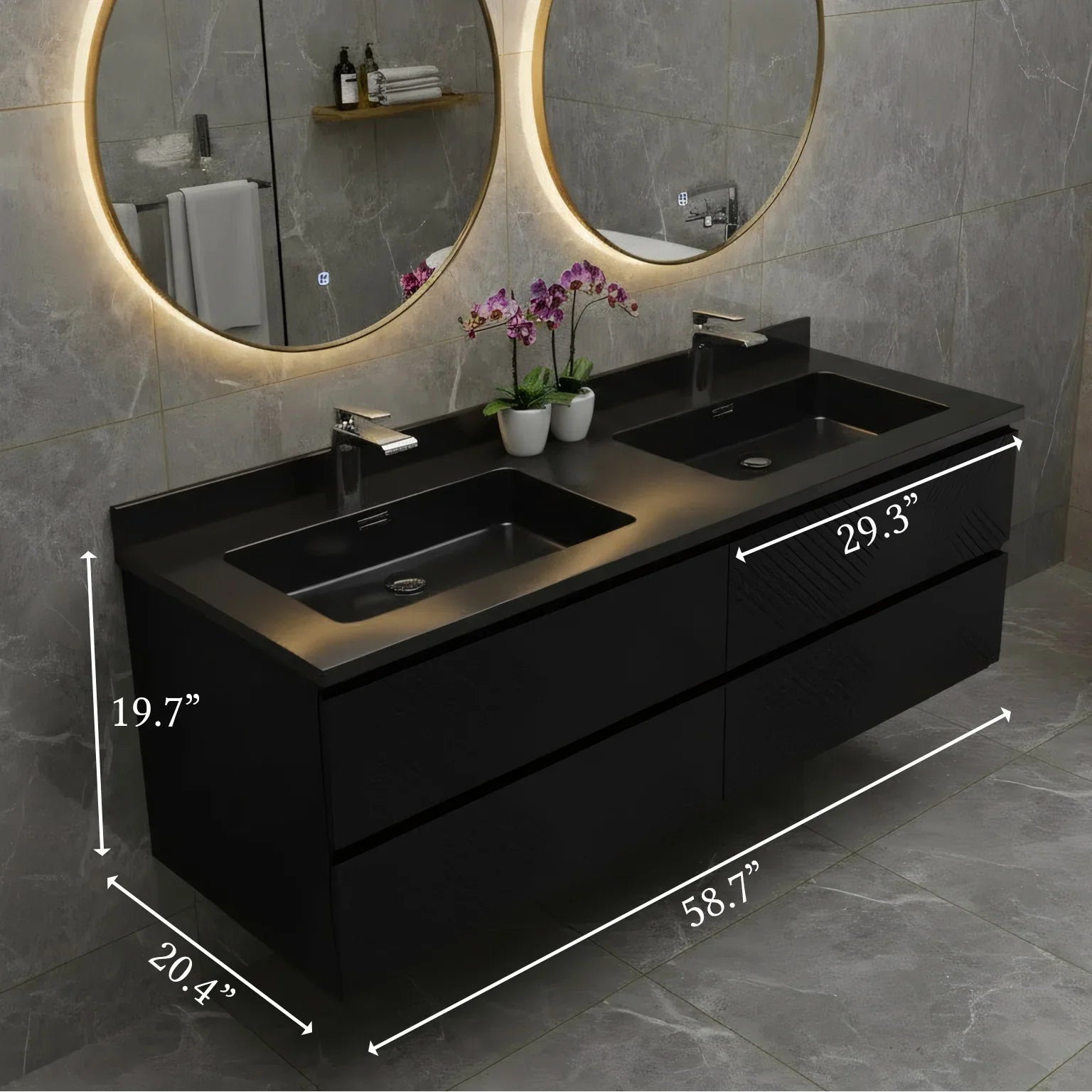 60" Black Wall Mount Bathroom Vanity with Black Engineered Quartz Countertop-Migration_Bathroom Vanities-DECOROLALA