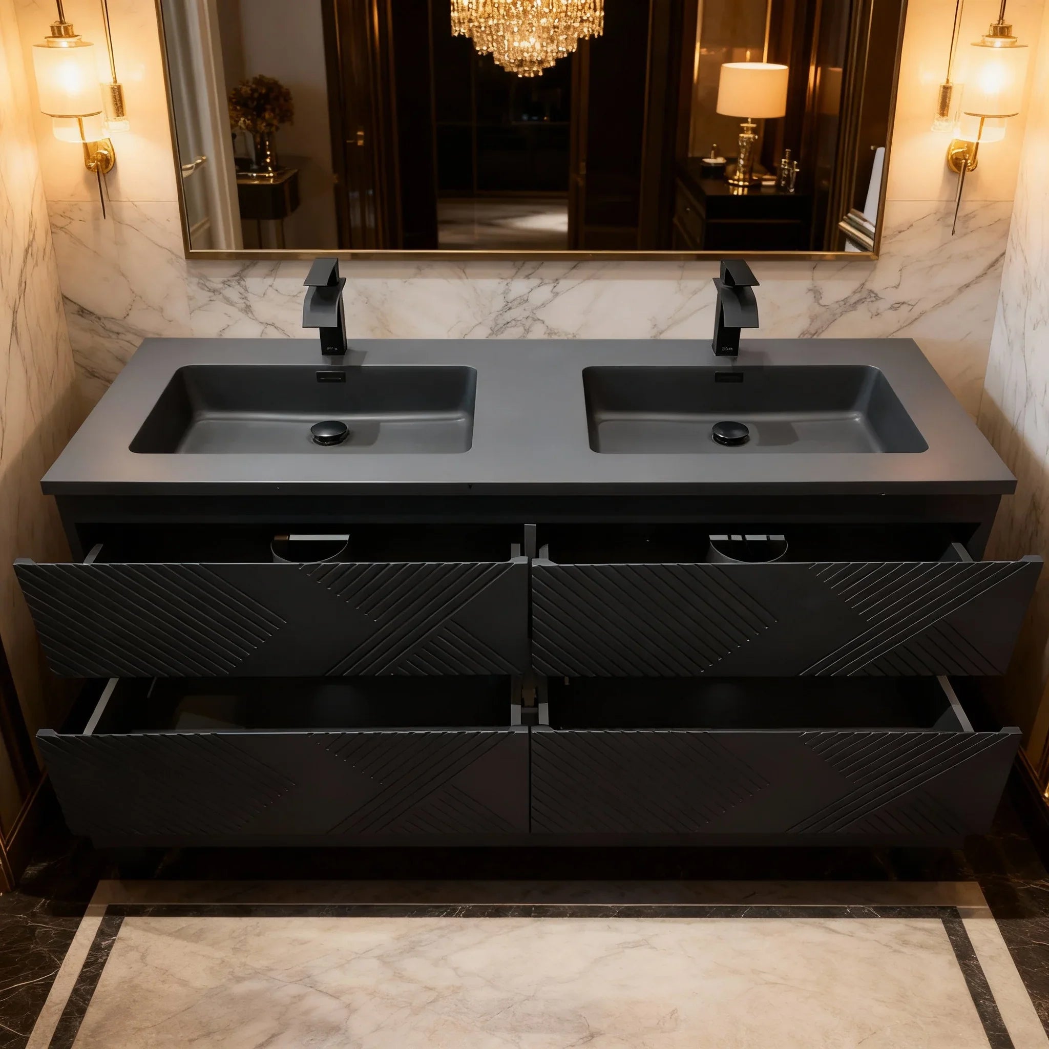 60" Black Wall Mount Bathroom Vanity with Black Engineered Quartz Countertop-Migration_Bathroom Vanities-DECOROLALA