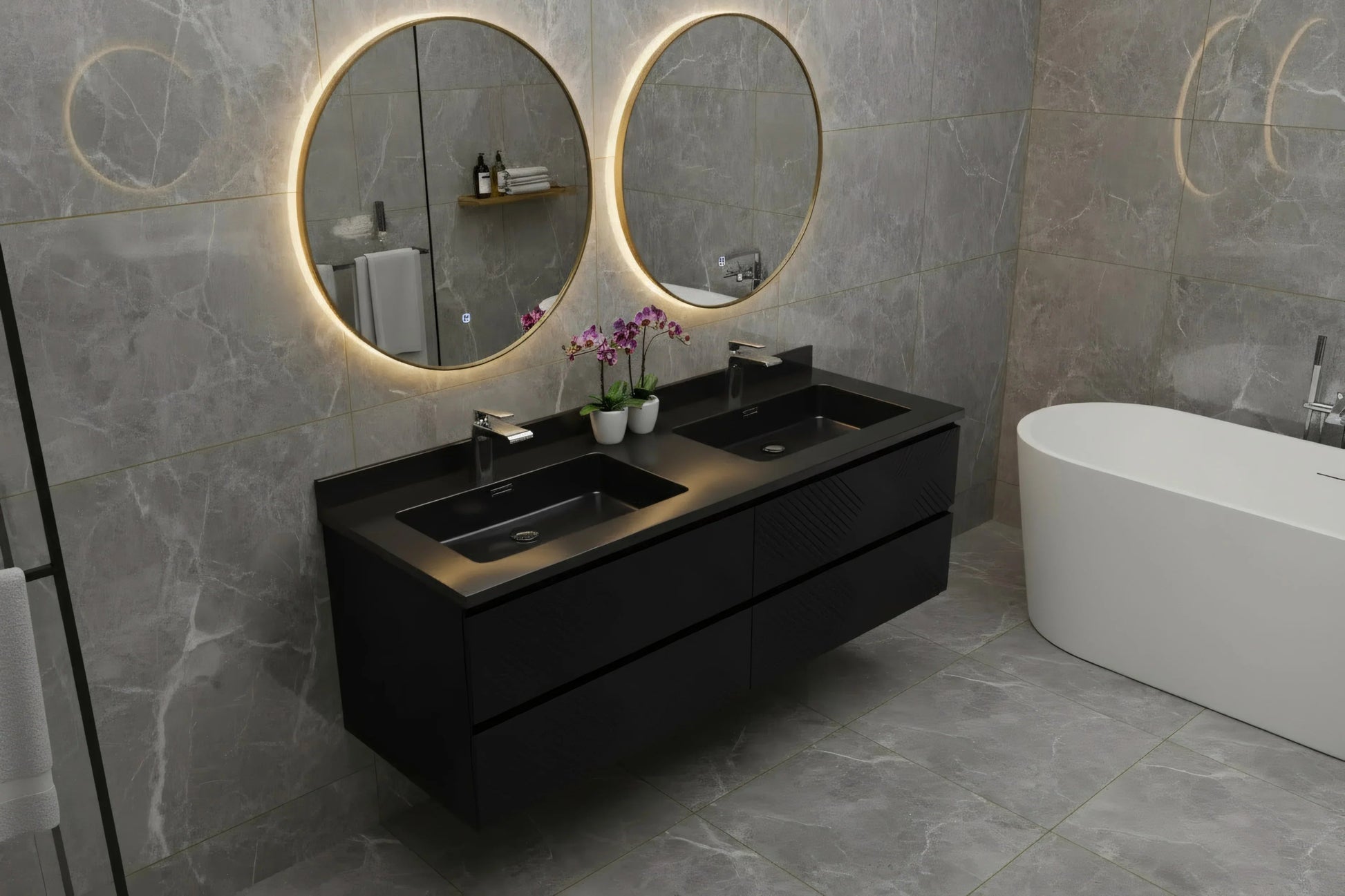 60" Black Wall Mount Bathroom Vanity with Black Engineered Quartz Countertop-Migration_Bathroom Vanities-DECOROLALA