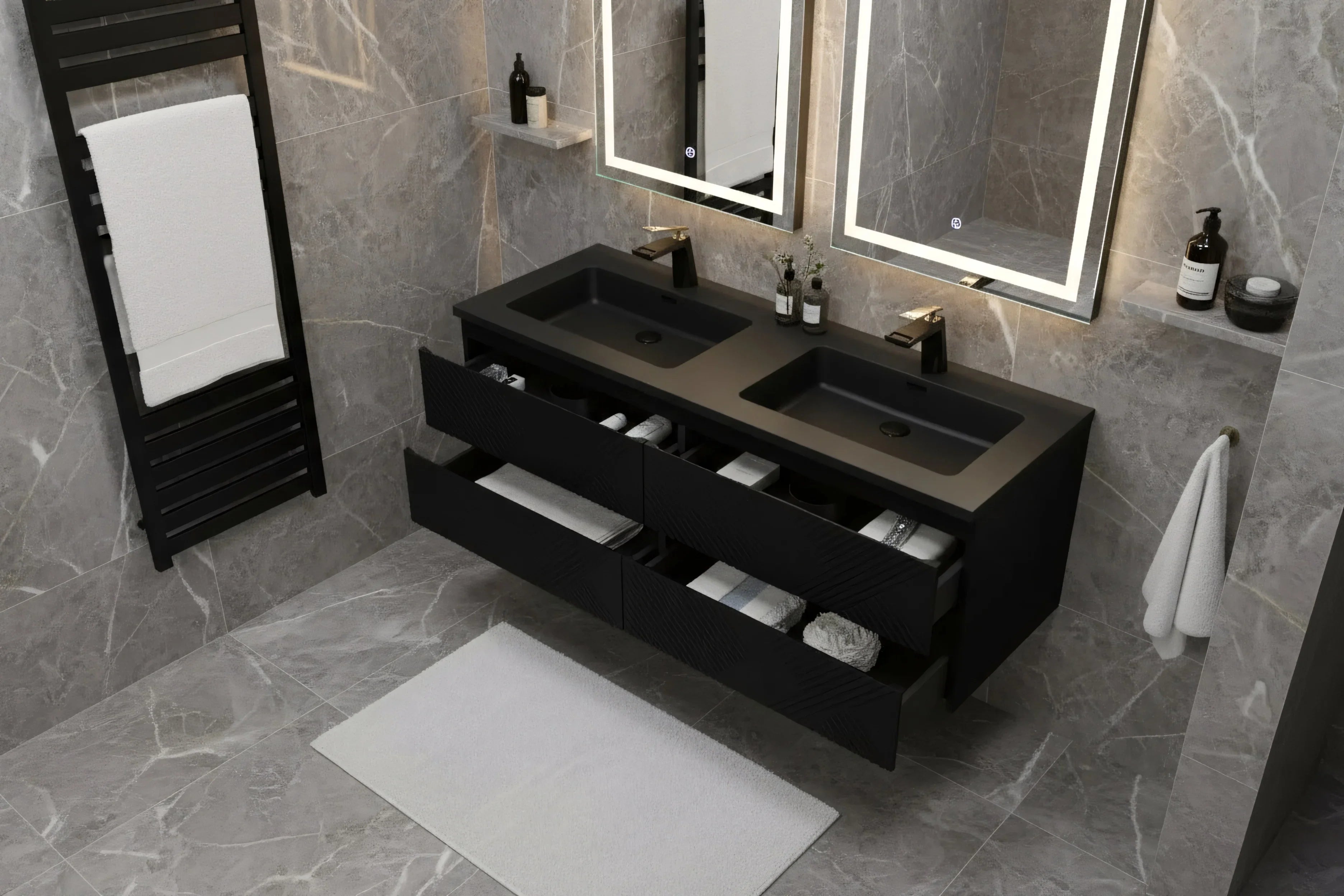 60" Black Wall Mount Bathroom Vanity with Black Engineered Quartz Countertop-Migration_Bathroom Vanities-DECOROLALA