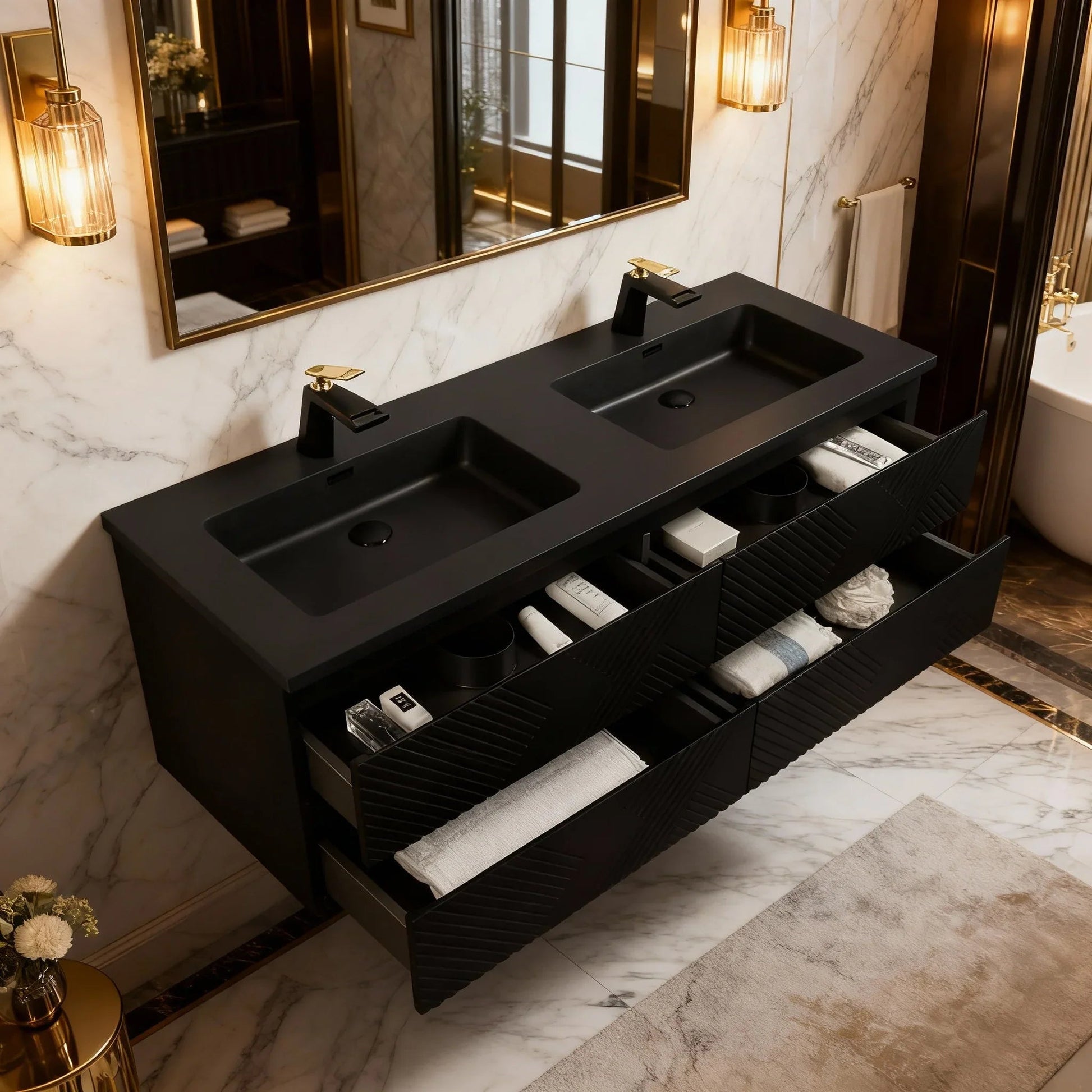 60" Black Wall Mount Bathroom Vanity with Black Engineered Quartz Countertop-Migration_Bathroom Vanities-DECOROLALA