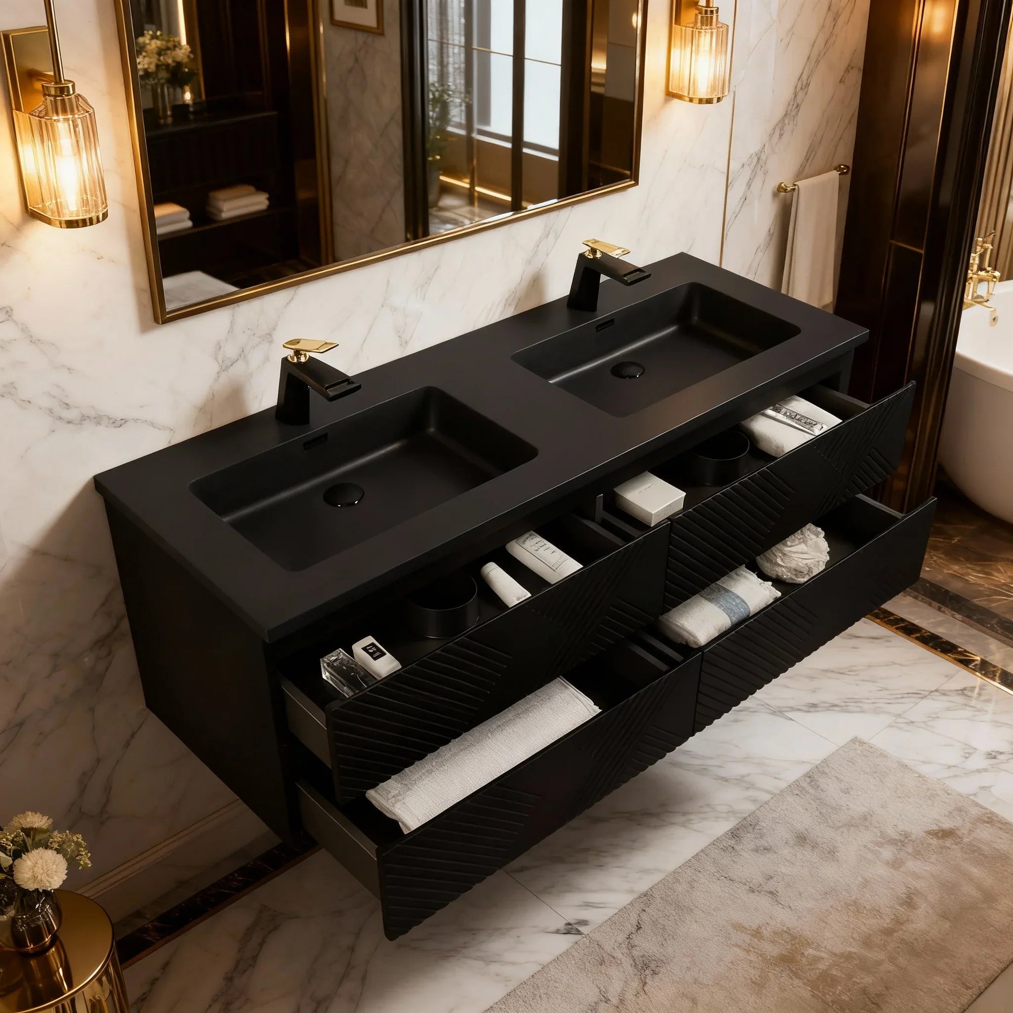 60" Black Wall Mount Bathroom Vanity with Black Engineered Quartz Countertop-Migration_Bathroom Vanities-DECOROLALA