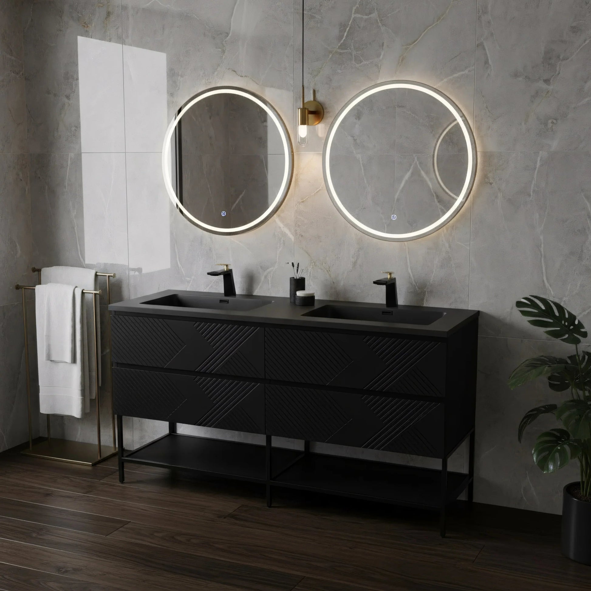 60" Black Wall Mount Bathroom Vanity with Black Engineered Quartz Countertop-Migration_Bathroom Vanities-DECOROLALA