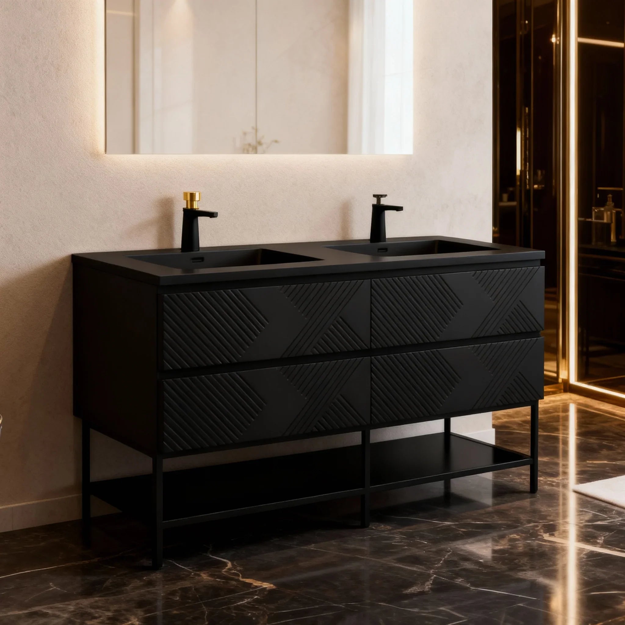 60" Black Wall Mount Bathroom Vanity with Black Engineered Quartz Countertop-Migration_Bathroom Vanities-DECOROLALA