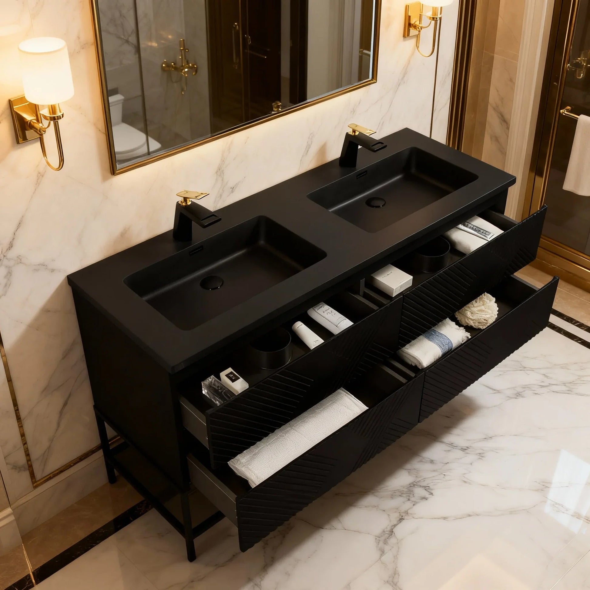 60" Black Wall Mount Bathroom Vanity with Black Engineered Quartz Countertop-Migration_Bathroom Vanities-DECOROLALA