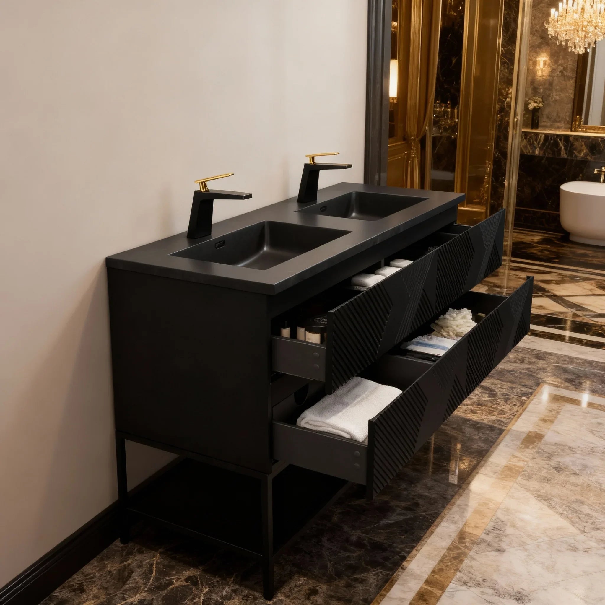 60" Black Wall Mount Bathroom Vanity with Black Engineered Quartz Countertop-Migration_Bathroom Vanities-DECOROLALA