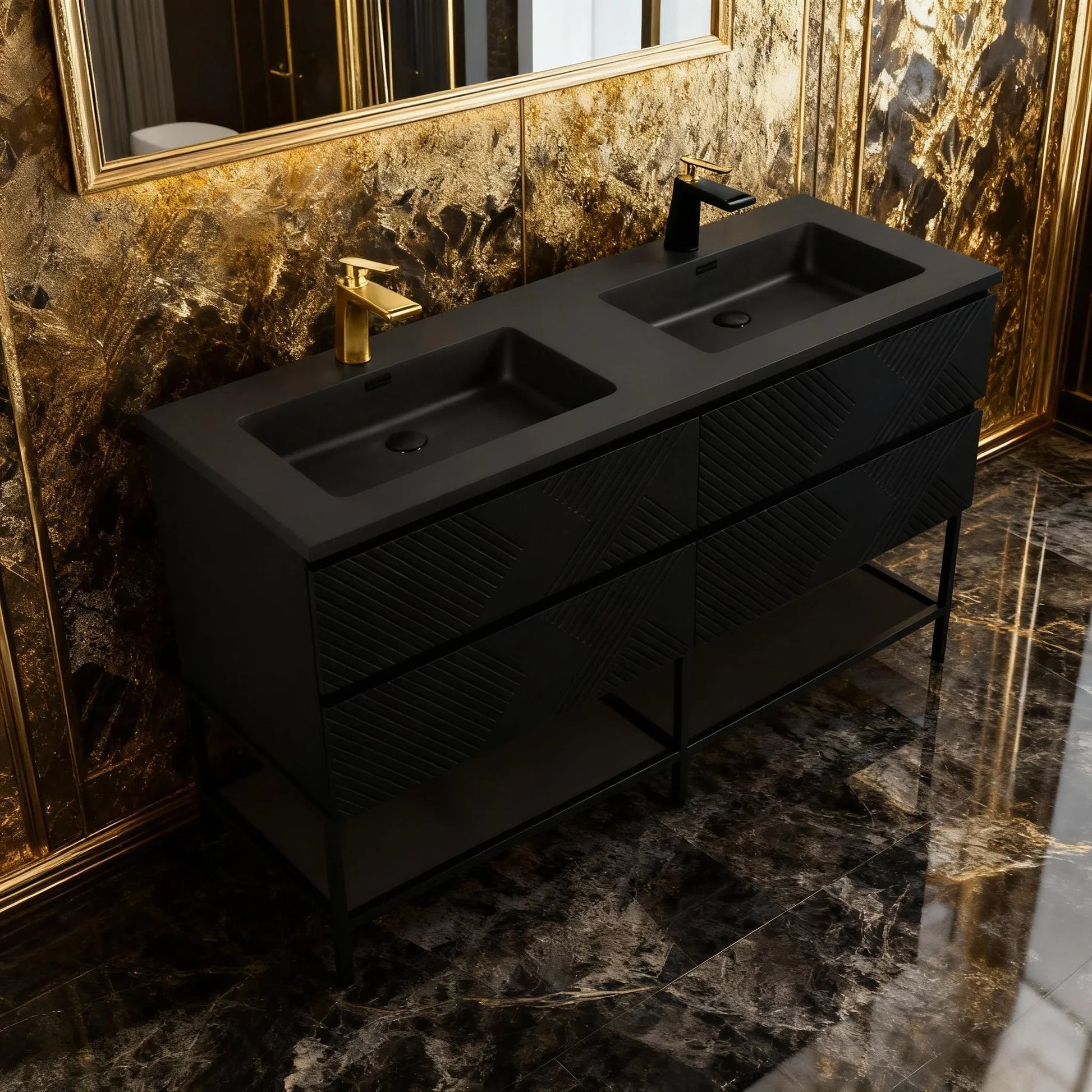 60" Black Wall Mount Bathroom Vanity with Black Engineered Quartz Countertop-Migration_Bathroom Vanities-DECOROLALA