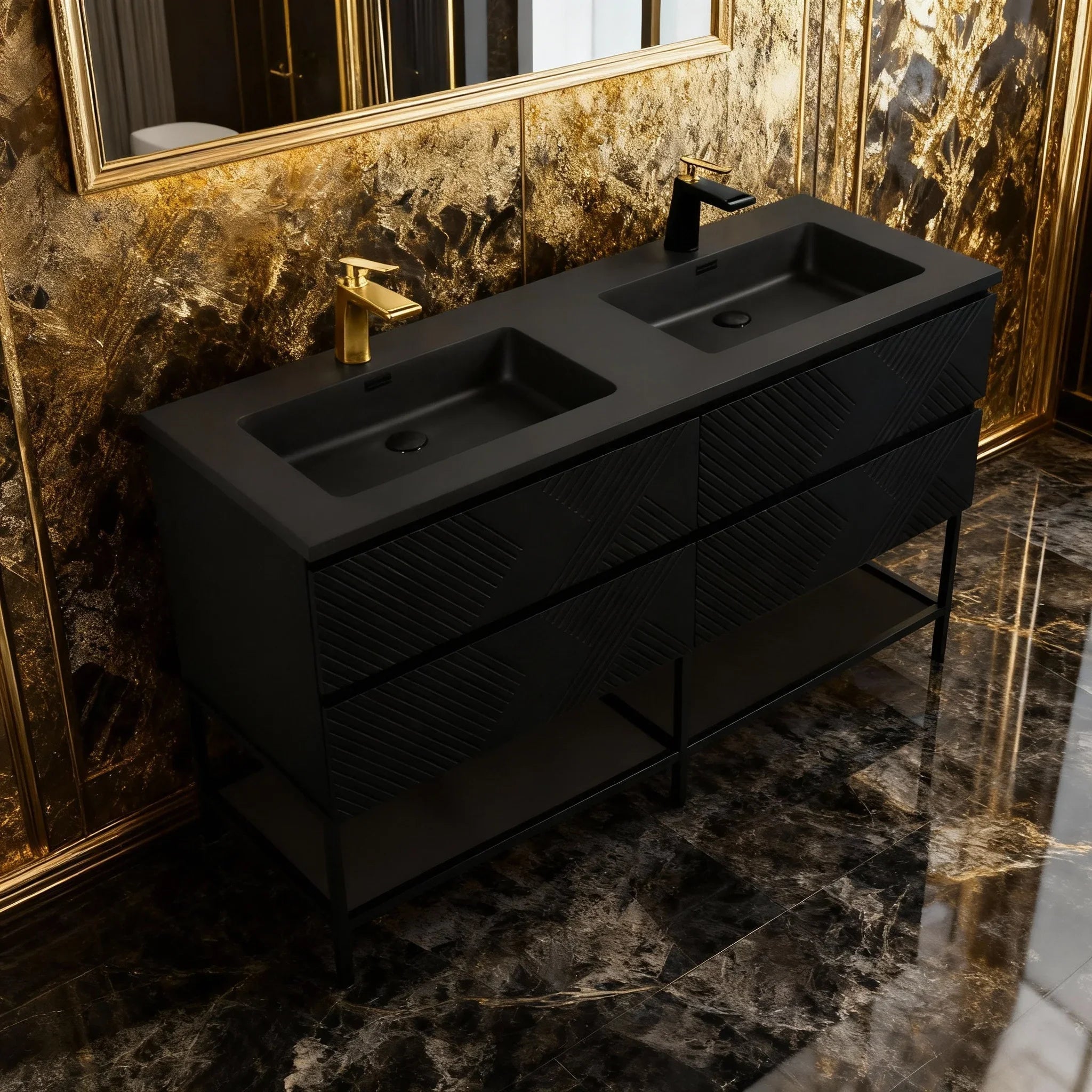 60" Black Wall Mount Bathroom Vanity with Black Engineered Quartz Countertop-Migration_Bathroom Vanities-DECOROLALA