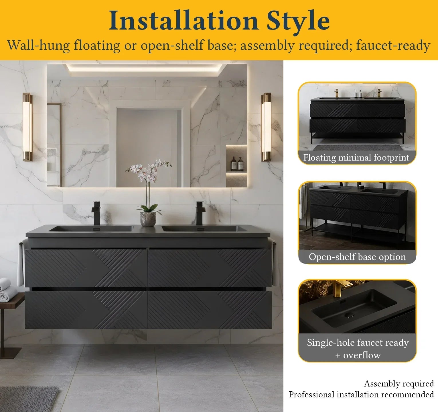 60" Black Wall Mount Bathroom Vanity with Black Engineered Quartz Countertop-Migration_Bathroom Vanities-DECOROLALA