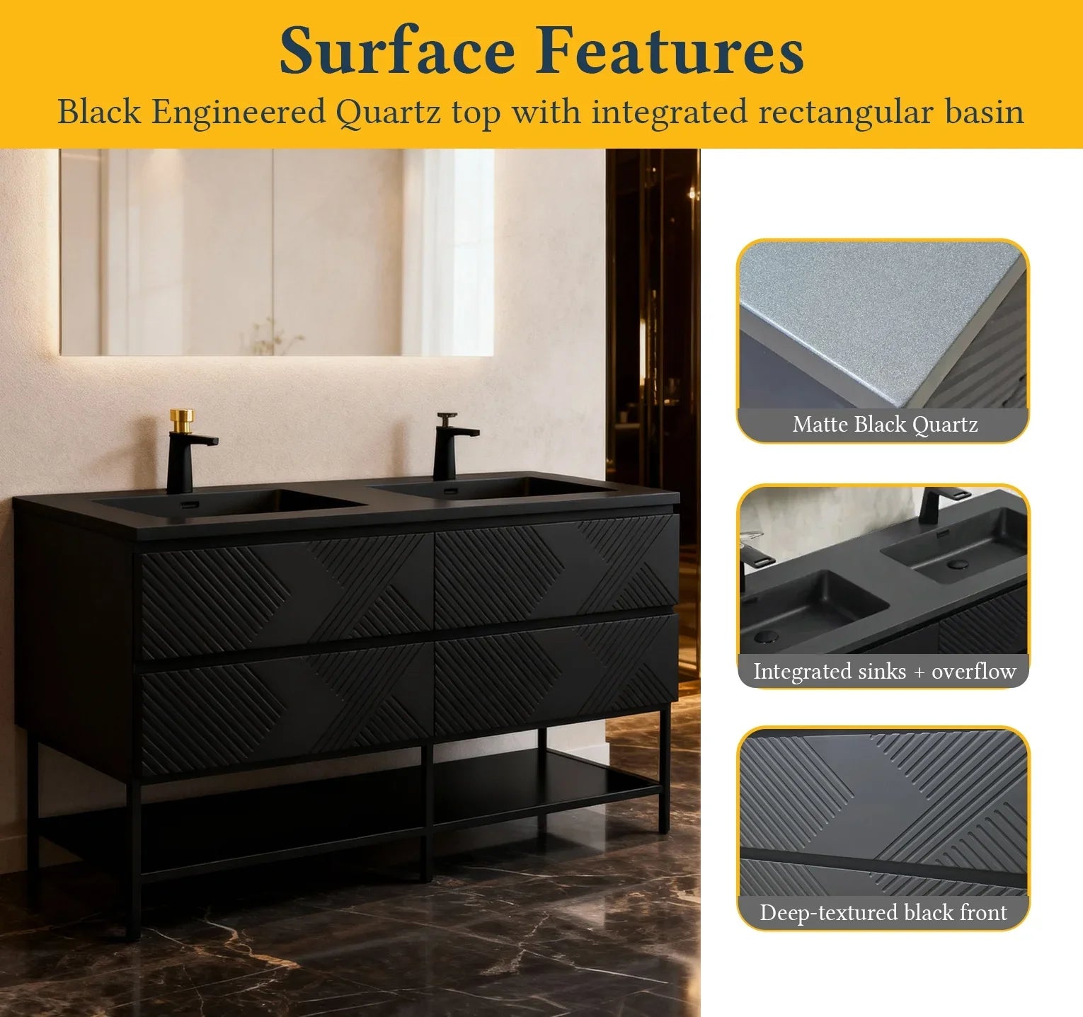 60" Black Wall Mount Bathroom Vanity with Black Engineered Quartz Countertop-Migration_Bathroom Vanities-DECOROLALA
