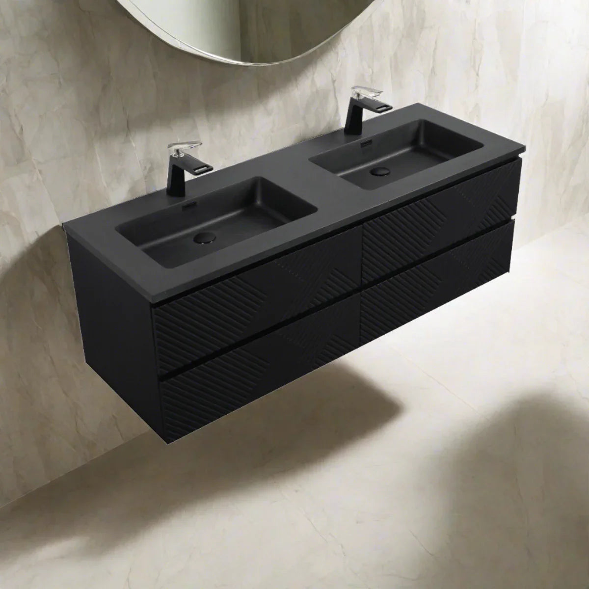 60" Black Wall Mount Bathroom Vanity with Black Engineered Quartz Countertop-Migration_Bathroom Vanities-DECOROLALA