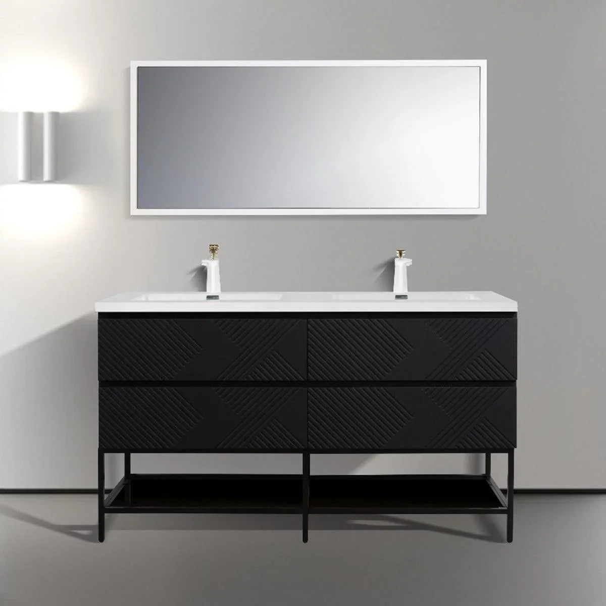 60" Black Wall Mount Bathroom Vanity with White Polymarble Countertop-Migration_Bathroom Vanities-DECOROLALA