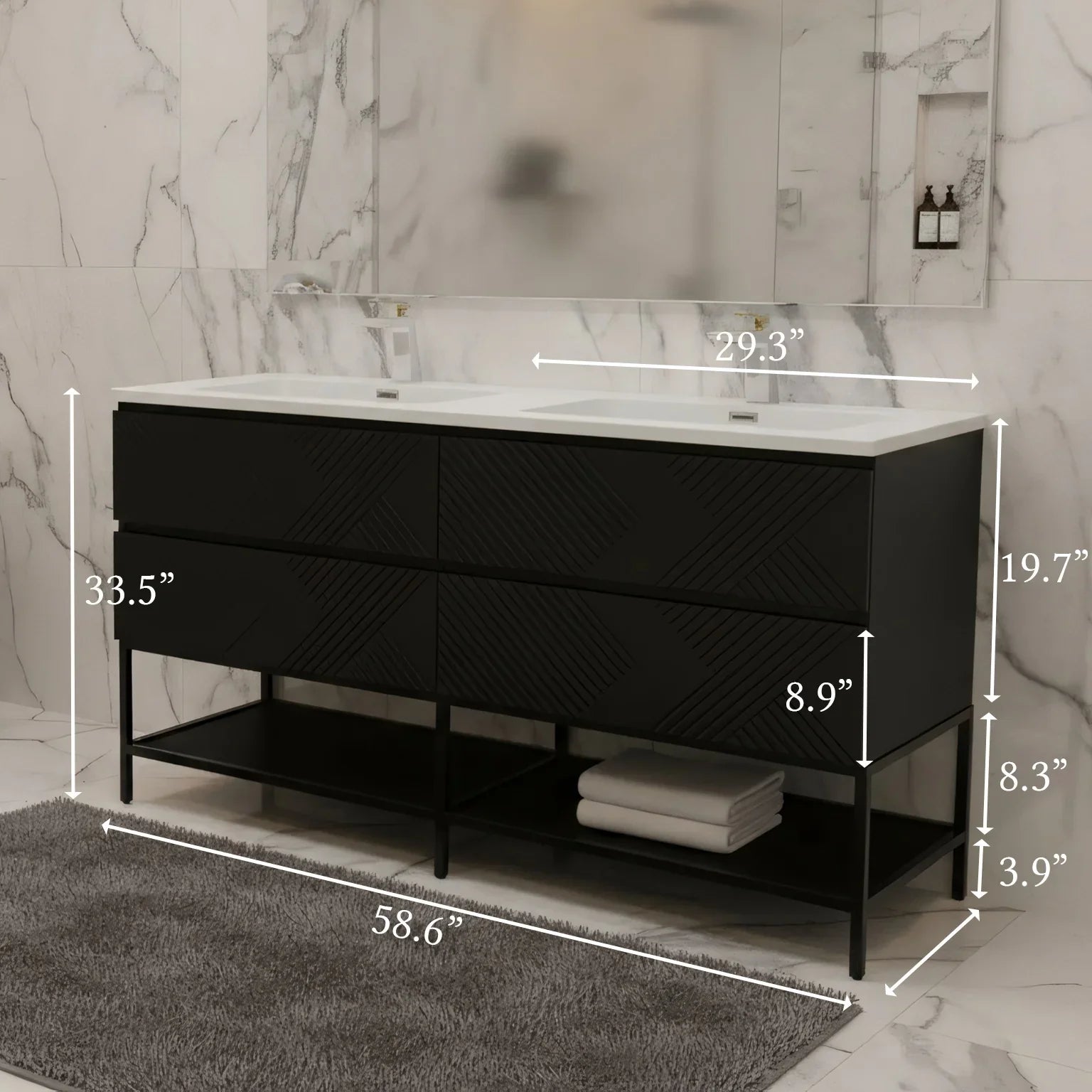 60" Black Wall Mount Bathroom Vanity with White Polymarble Countertop-Migration_Bathroom Vanities-DECOROLALA