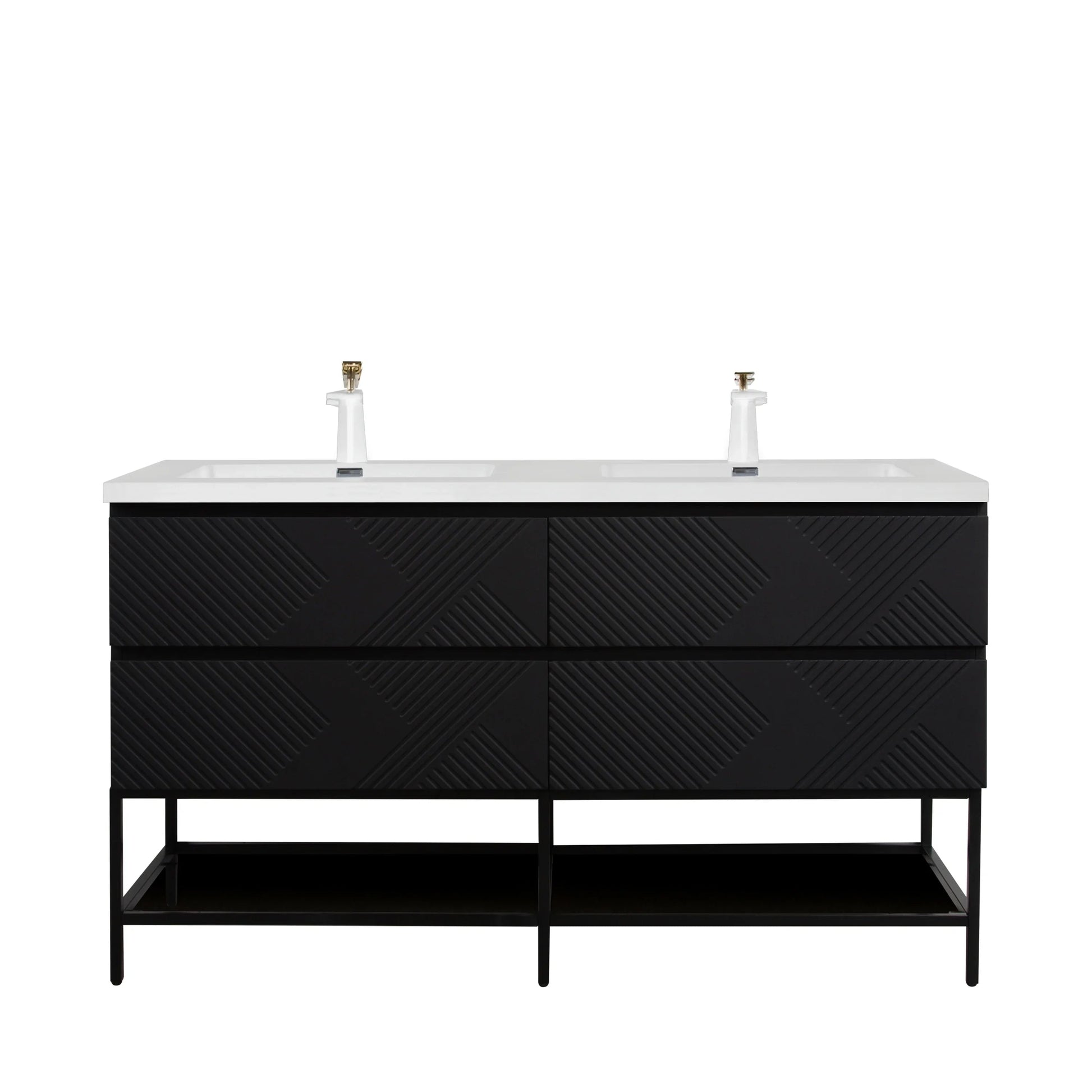 60" Black Wall Mount Bathroom Vanity with White Polymarble Countertop-Migration_Bathroom Vanities-DECOROLALA