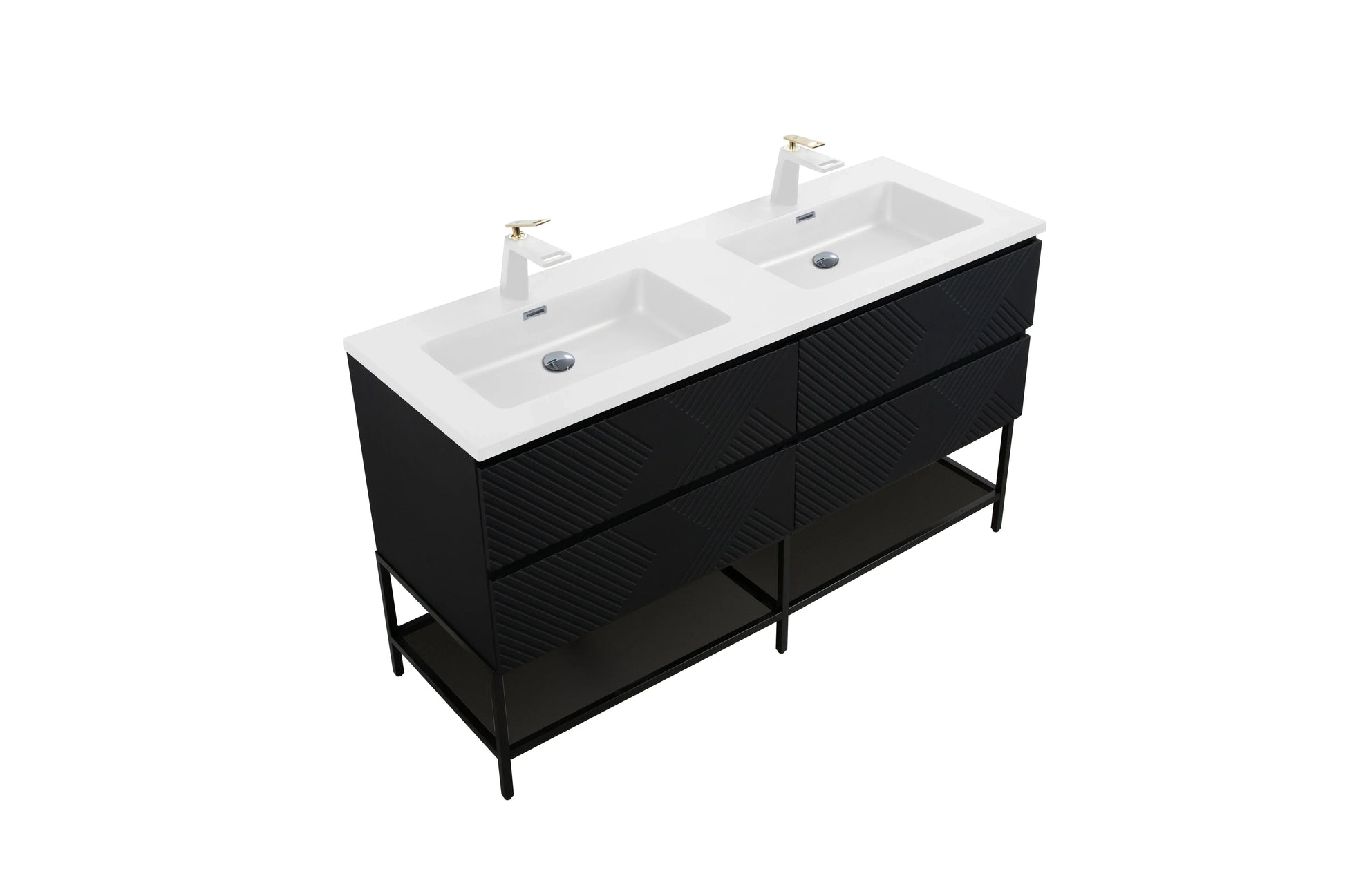 60" Black Wall Mount Bathroom Vanity with White Polymarble Countertop-Migration_Bathroom Vanities-DECOROLALA