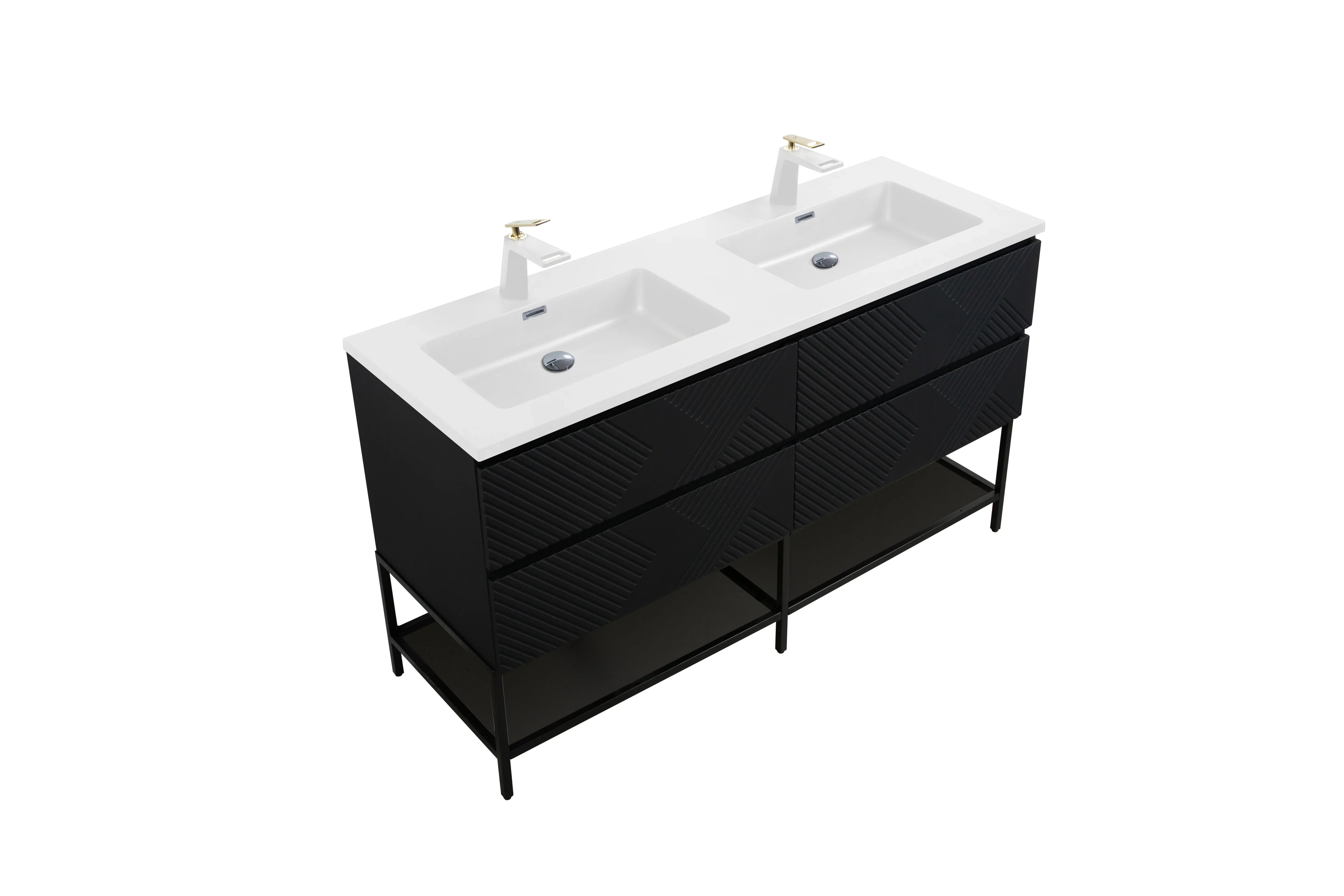 60" Black Wall Mount Bathroom Vanity with White Polymarble Countertop-Migration_Bathroom Vanities-DECOROLALA