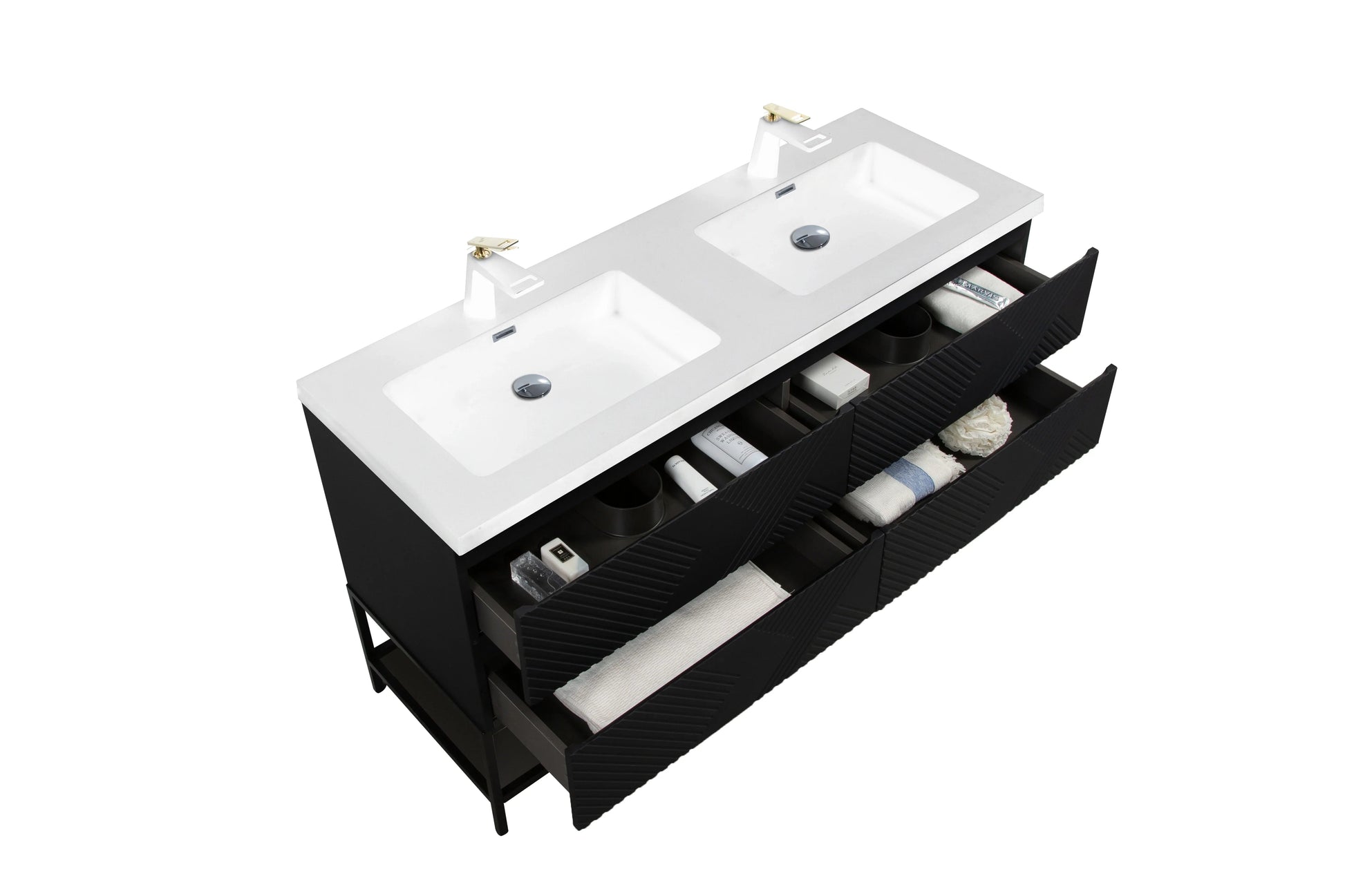 60" Black Wall Mount Bathroom Vanity with White Polymarble Countertop-Migration_Bathroom Vanities-DECOROLALA