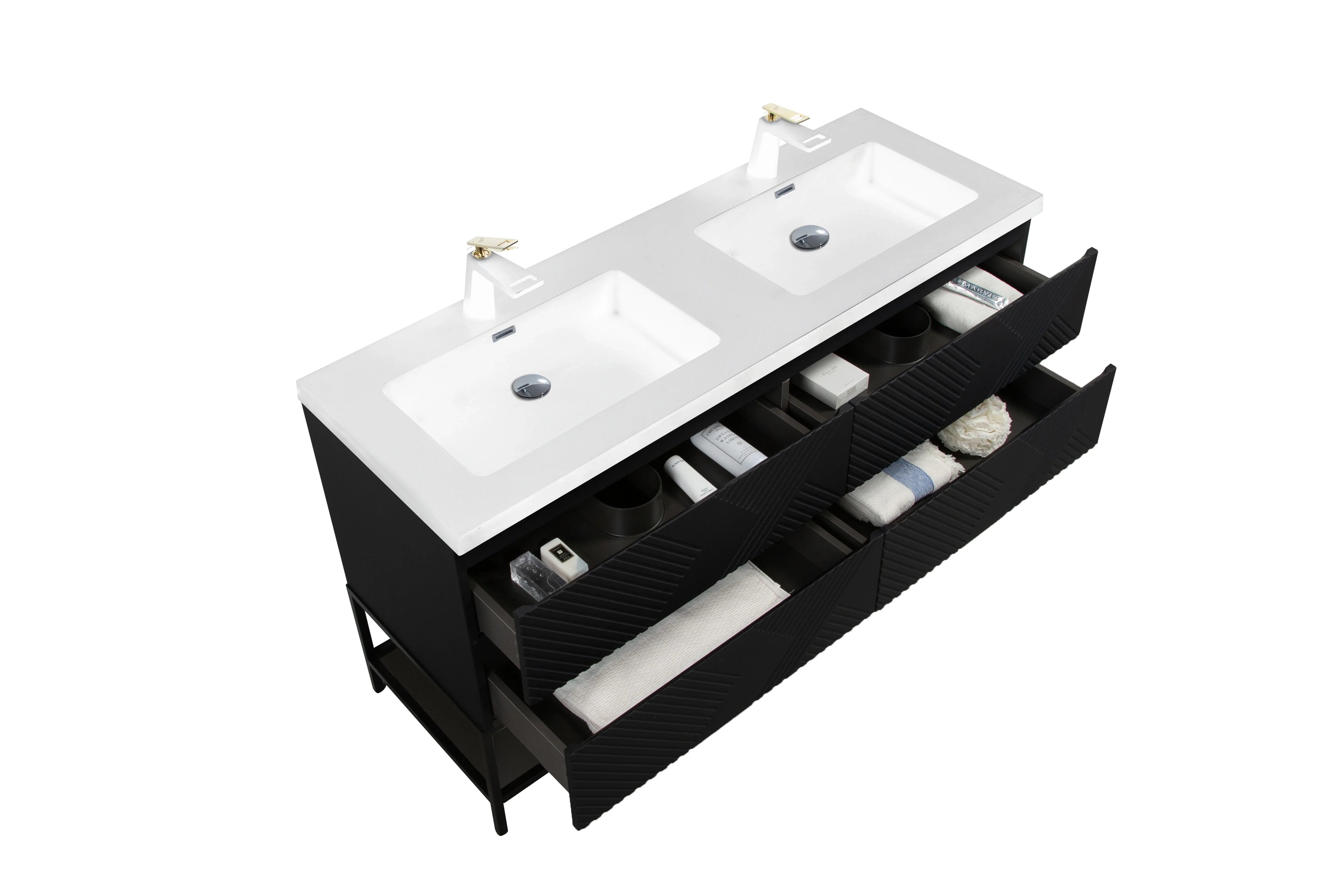 60" Black Wall Mount Bathroom Vanity with White Polymarble Countertop-Migration_Bathroom Vanities-DECOROLALA