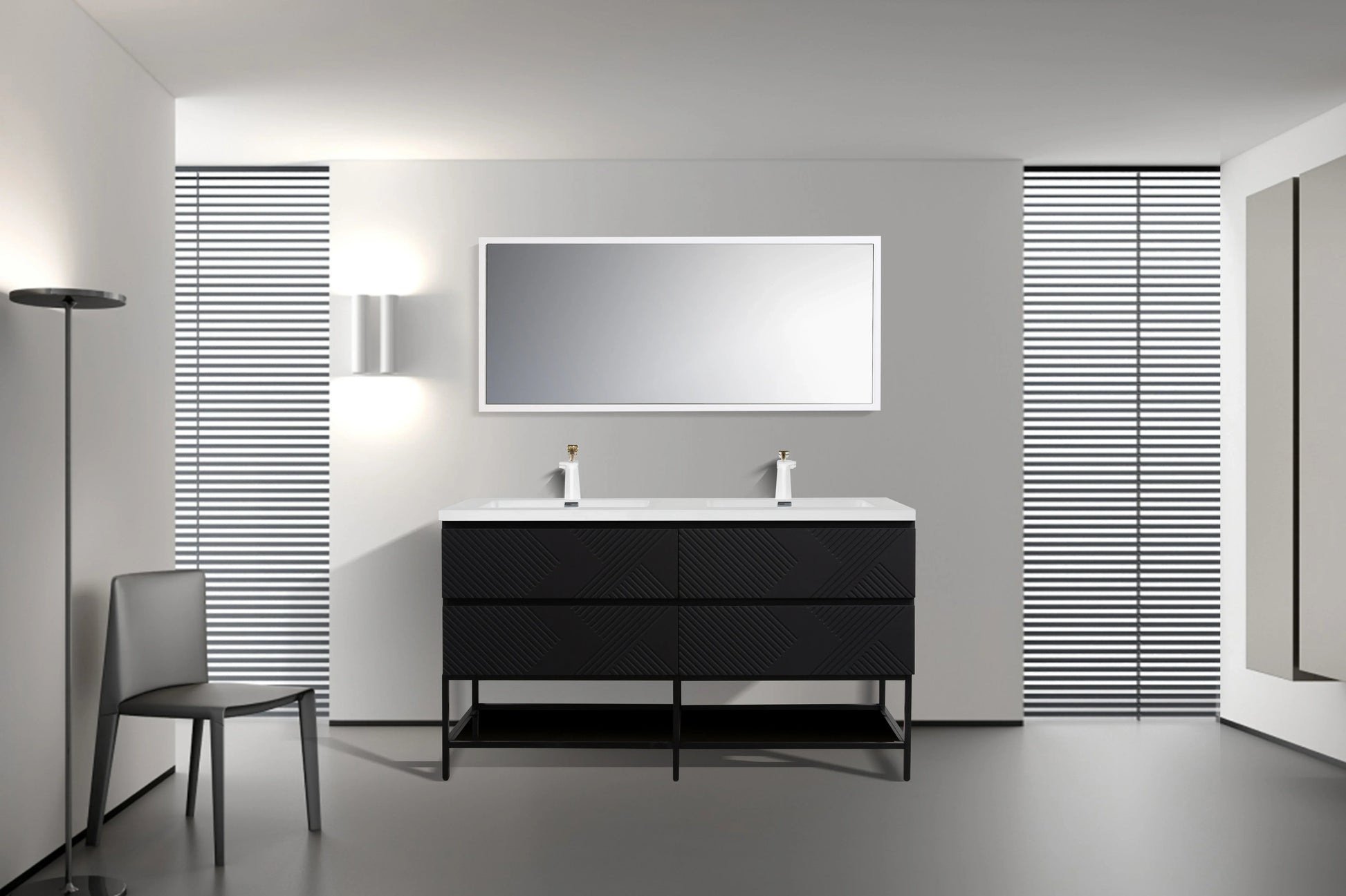 60" Black Wall Mount Bathroom Vanity with White Polymarble Countertop-Migration_Bathroom Vanities-DECOROLALA