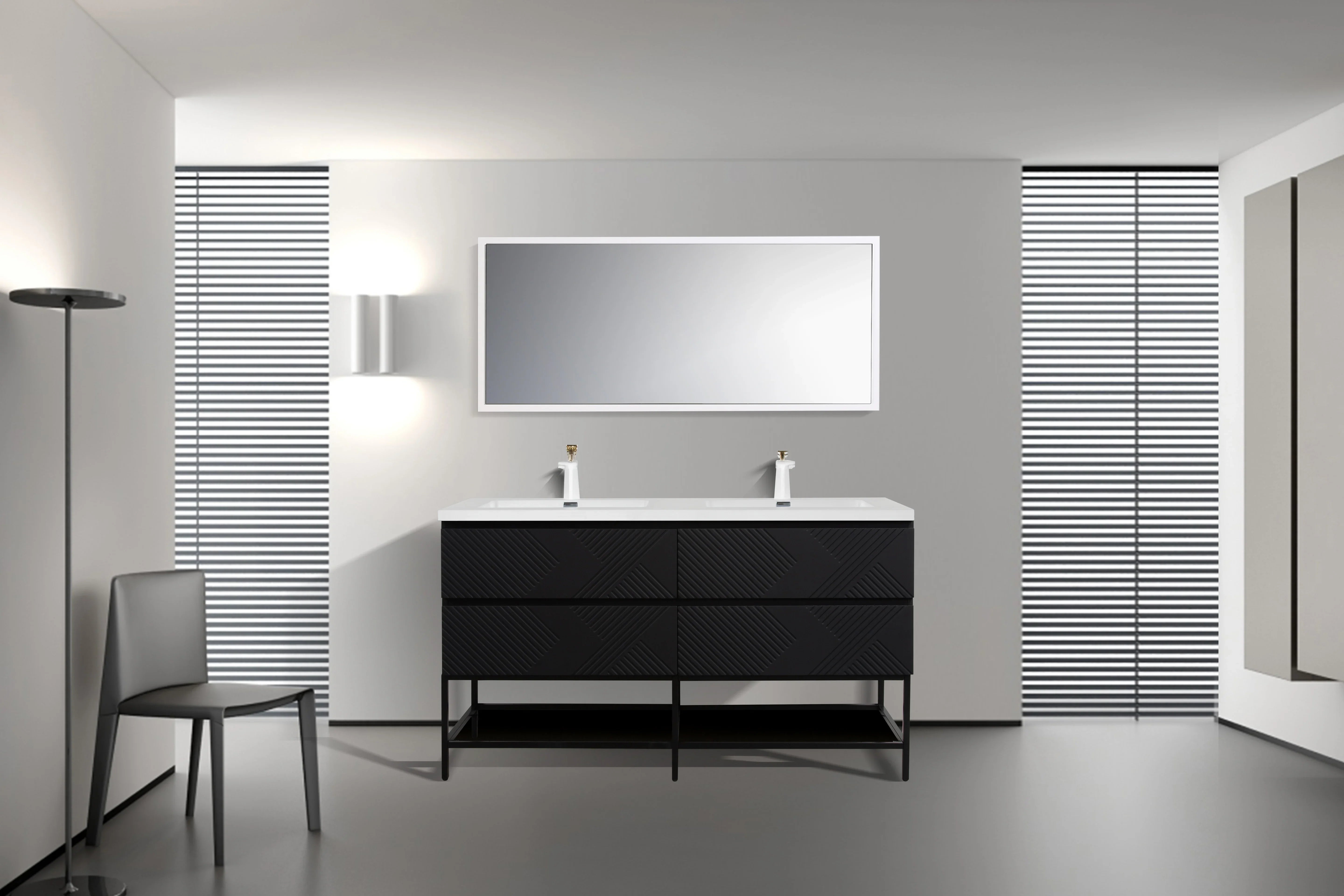 60" Black Wall Mount Bathroom Vanity with White Polymarble Countertop-Migration_Bathroom Vanities-DECOROLALA