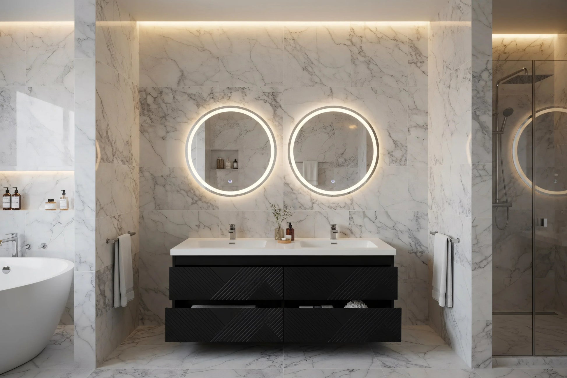 60" Black Wall Mount Bathroom Vanity with White Polymarble Countertop-Migration_Bathroom Vanities-DECOROLALA