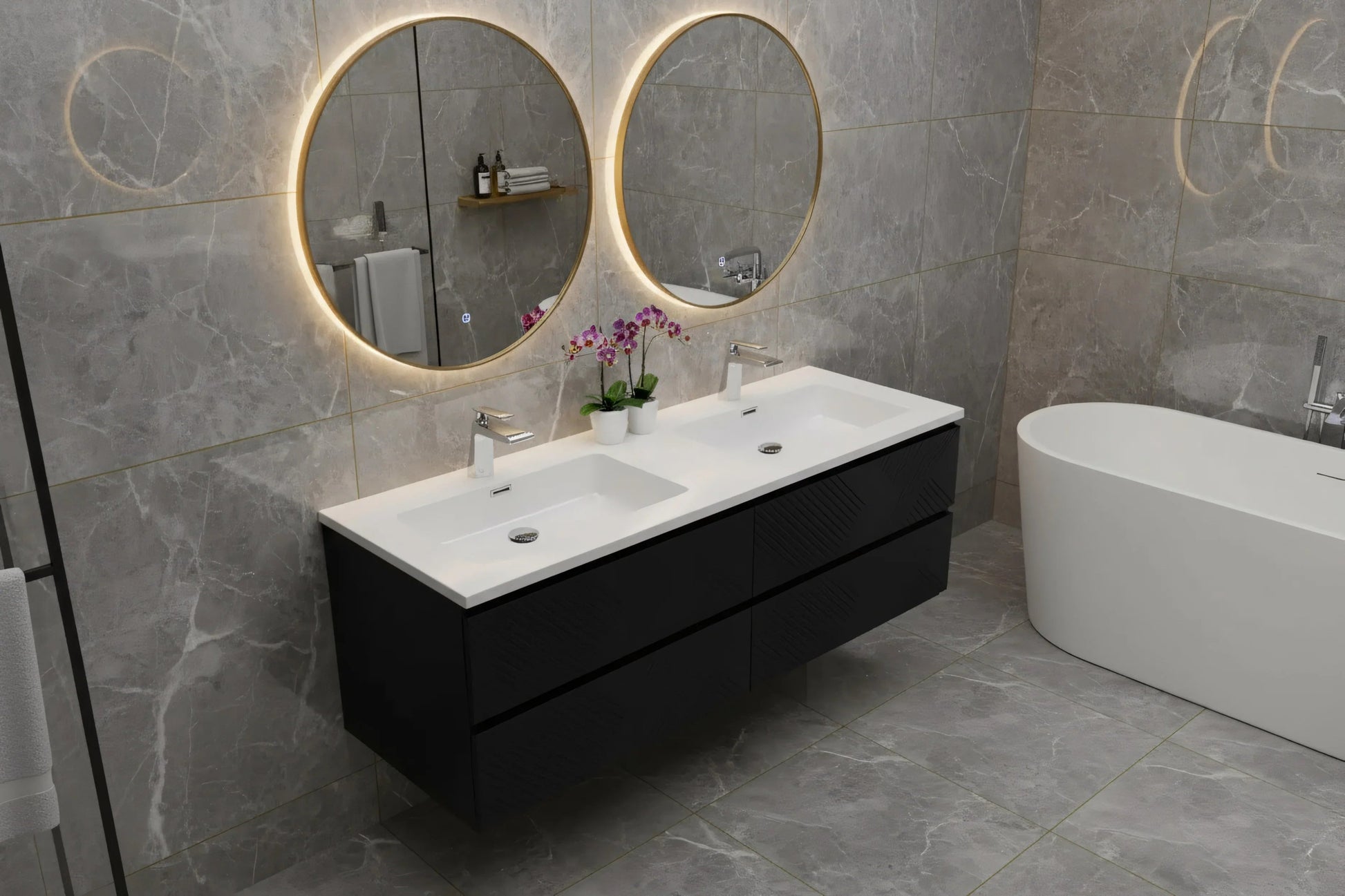 60" Black Wall Mount Bathroom Vanity with White Polymarble Countertop-Migration_Bathroom Vanities-DECOROLALA