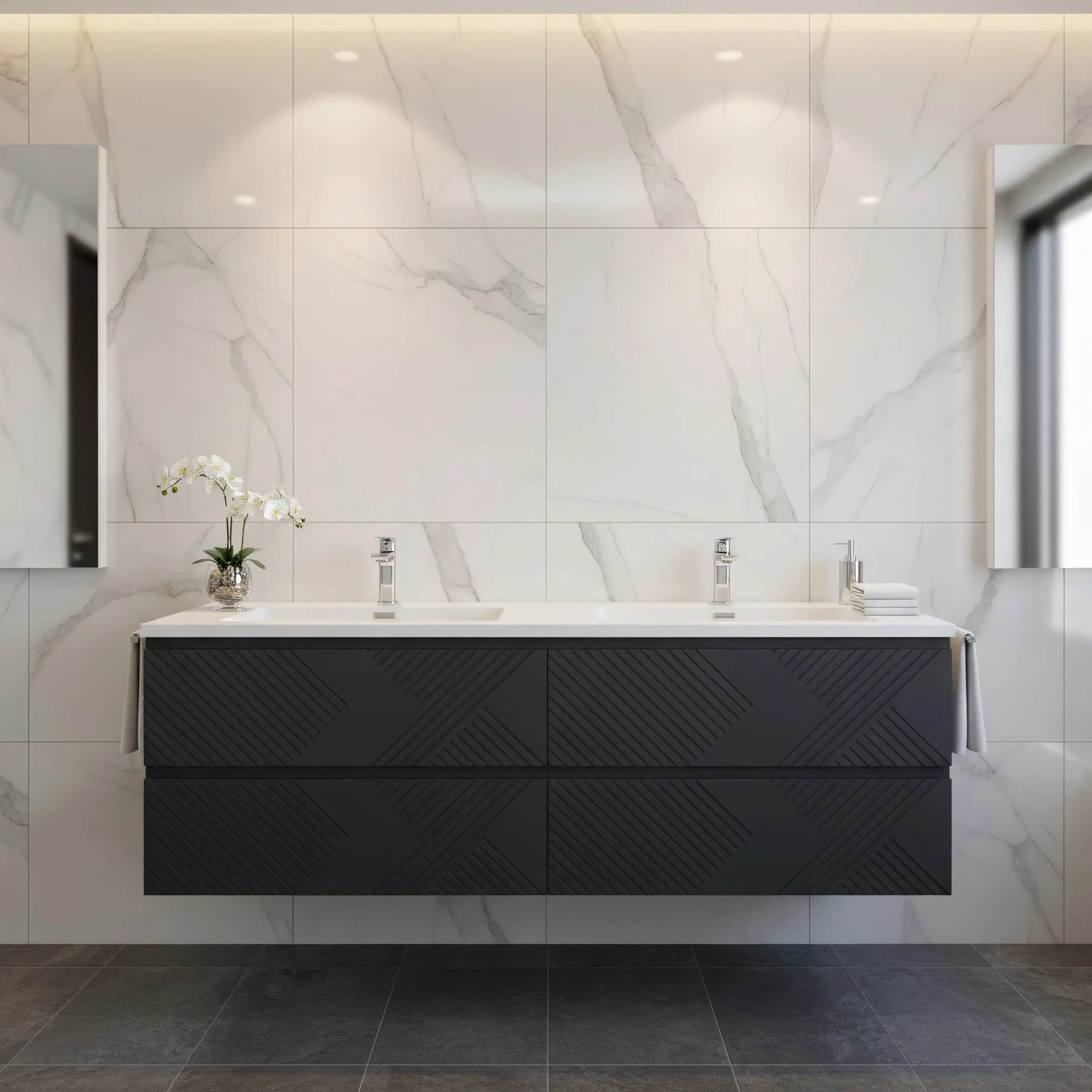 60" Black Wall Mount Bathroom Vanity with White Polymarble Countertop-Migration_Bathroom Vanities-DECOROLALA