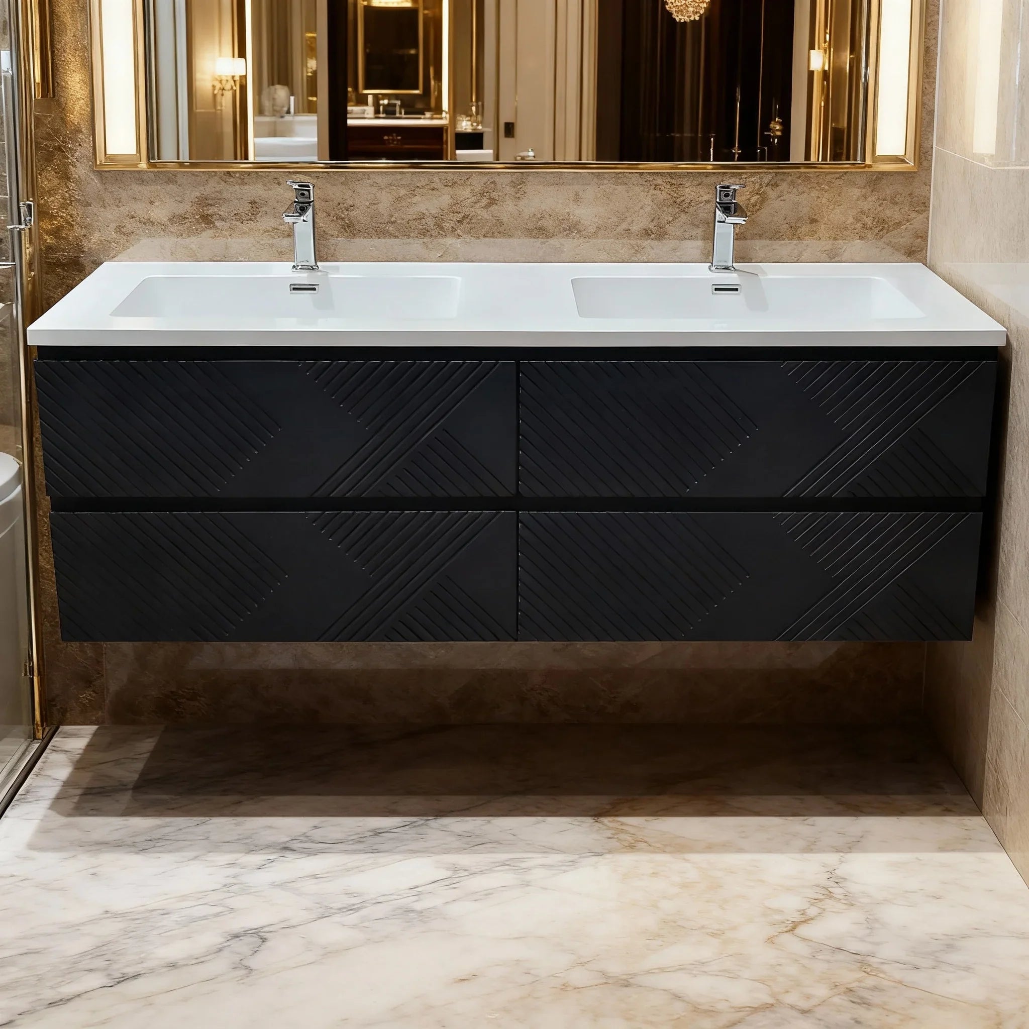 60" Black Wall Mount Bathroom Vanity with White Polymarble Countertop-Migration_Bathroom Vanities-DECOROLALA