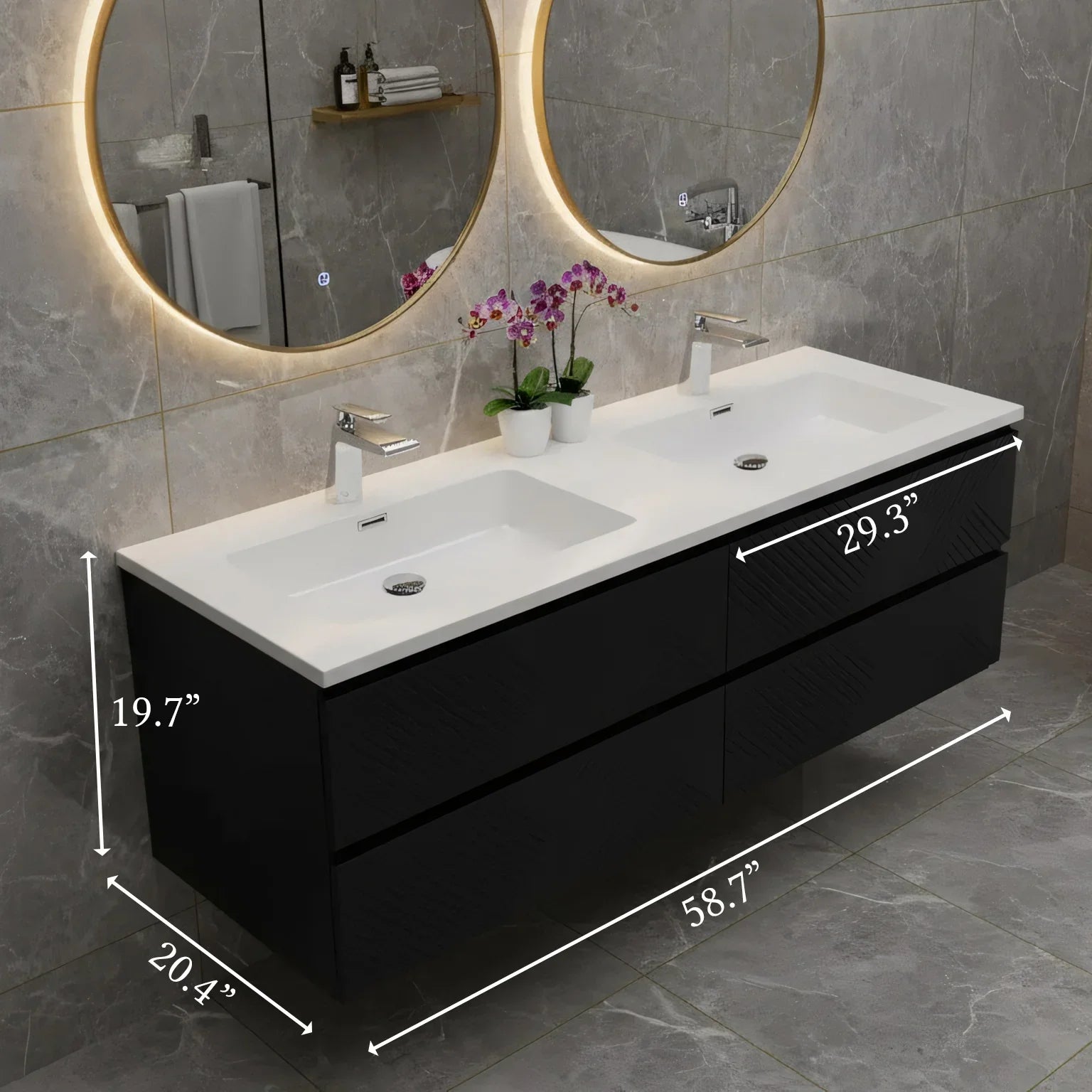 60" Black Wall Mount Bathroom Vanity with White Polymarble Countertop-Migration_Bathroom Vanities-DECOROLALA