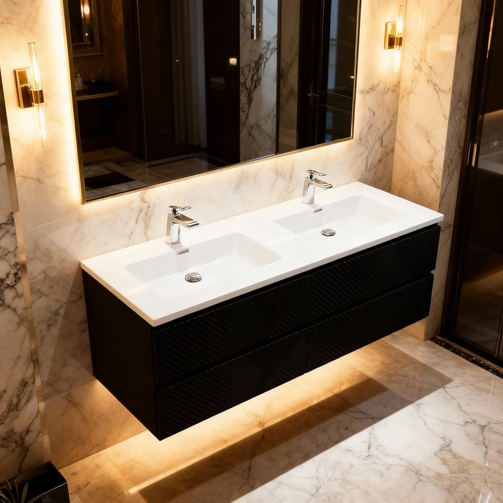 60" Black Wall Mount Bathroom Vanity with White Polymarble Countertop-Migration_Bathroom Vanities-DECOROLALA