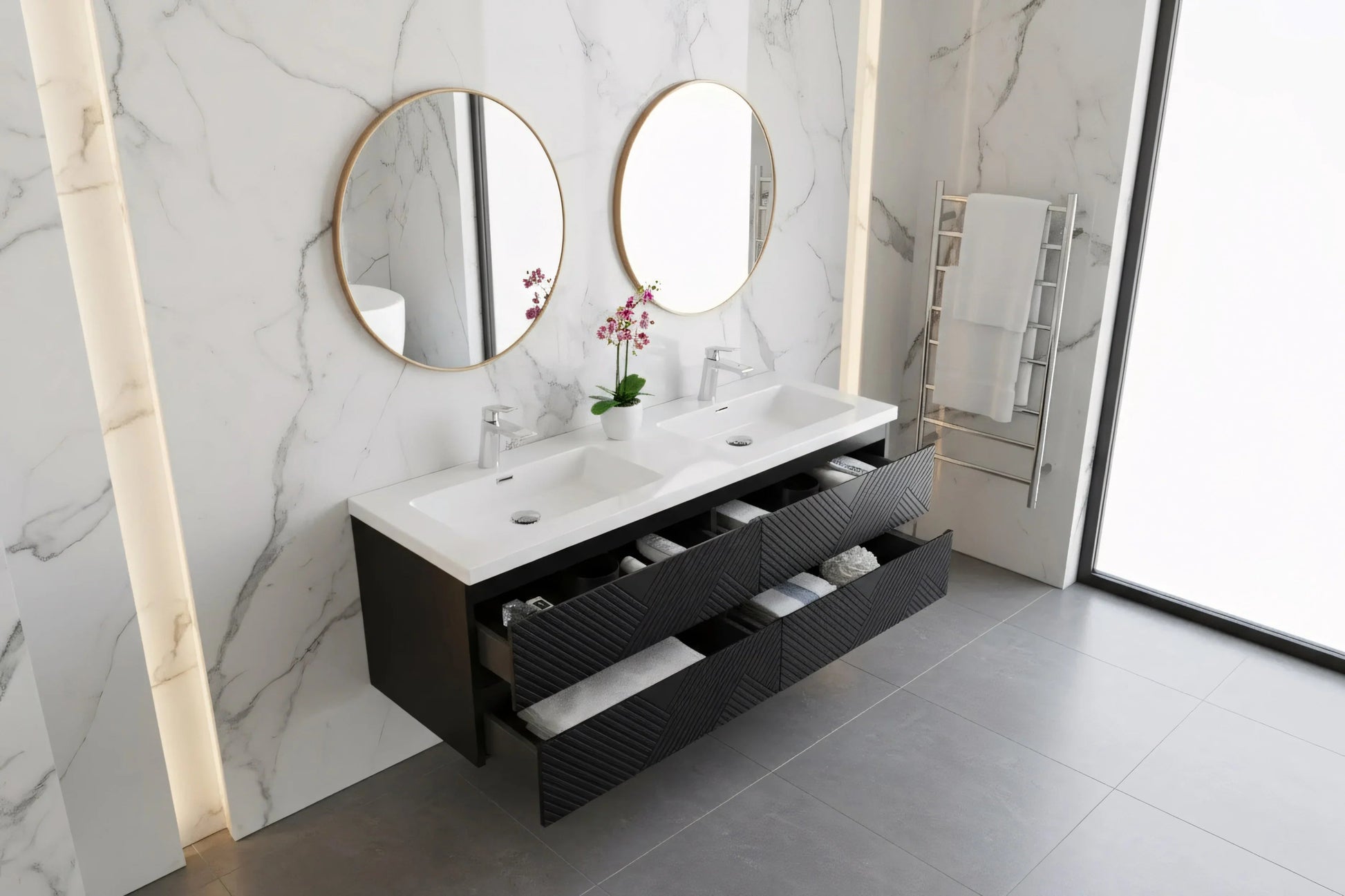 60" Black Wall Mount Bathroom Vanity with White Polymarble Countertop-Migration_Bathroom Vanities-DECOROLALA