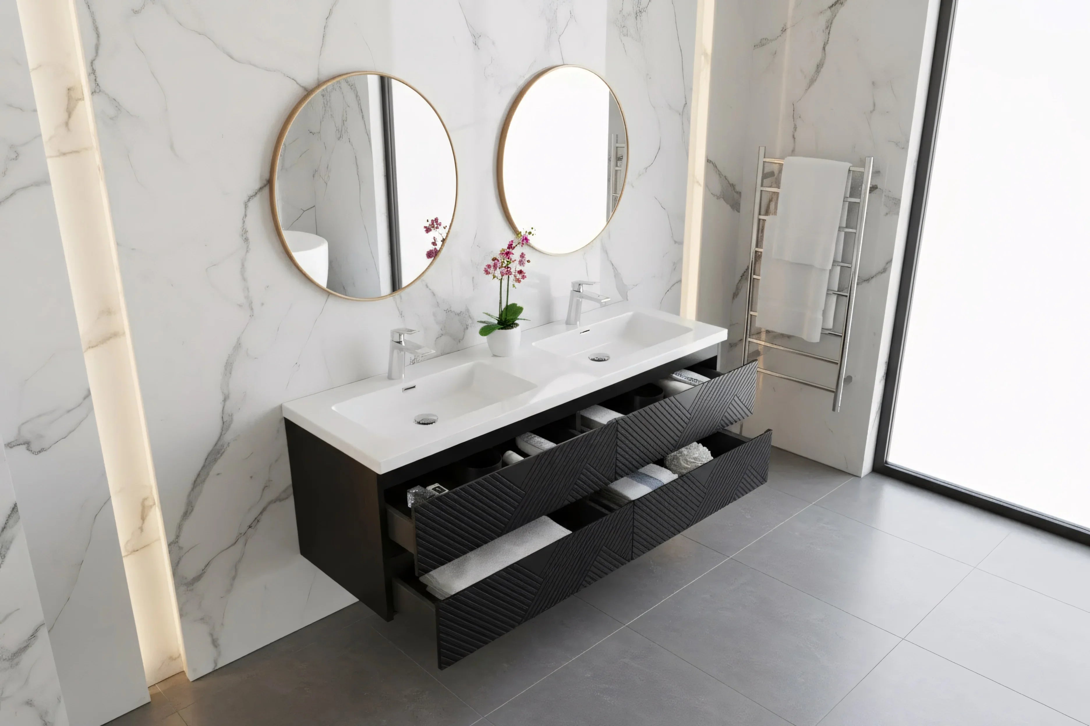 60" Black Wall Mount Bathroom Vanity with White Polymarble Countertop-Migration_Bathroom Vanities-DECOROLALA