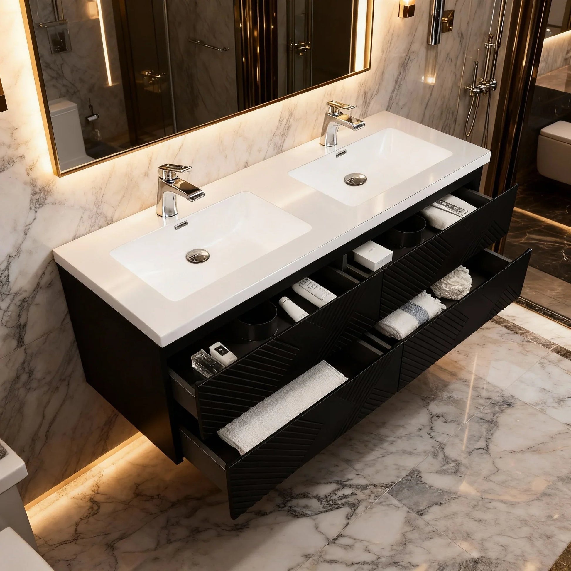 60" Black Wall Mount Bathroom Vanity with White Polymarble Countertop-Migration_Bathroom Vanities-DECOROLALA