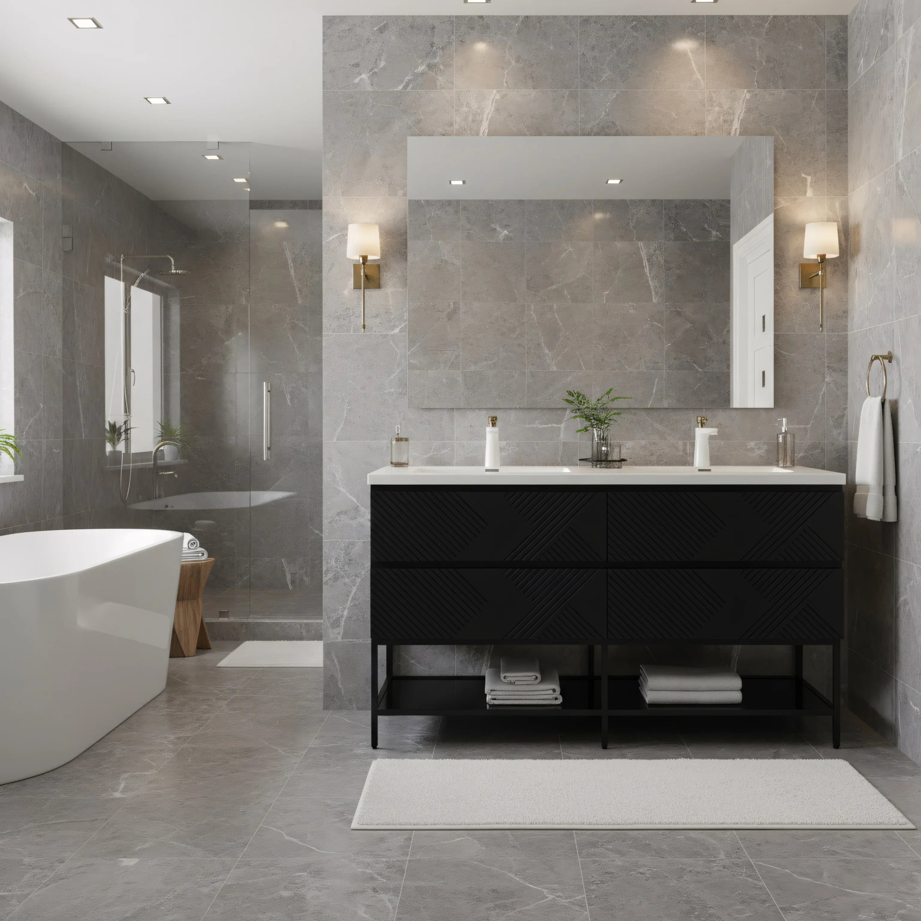 60" Black Wall Mount Bathroom Vanity with White Polymarble Countertop-Migration_Bathroom Vanities-DECOROLALA