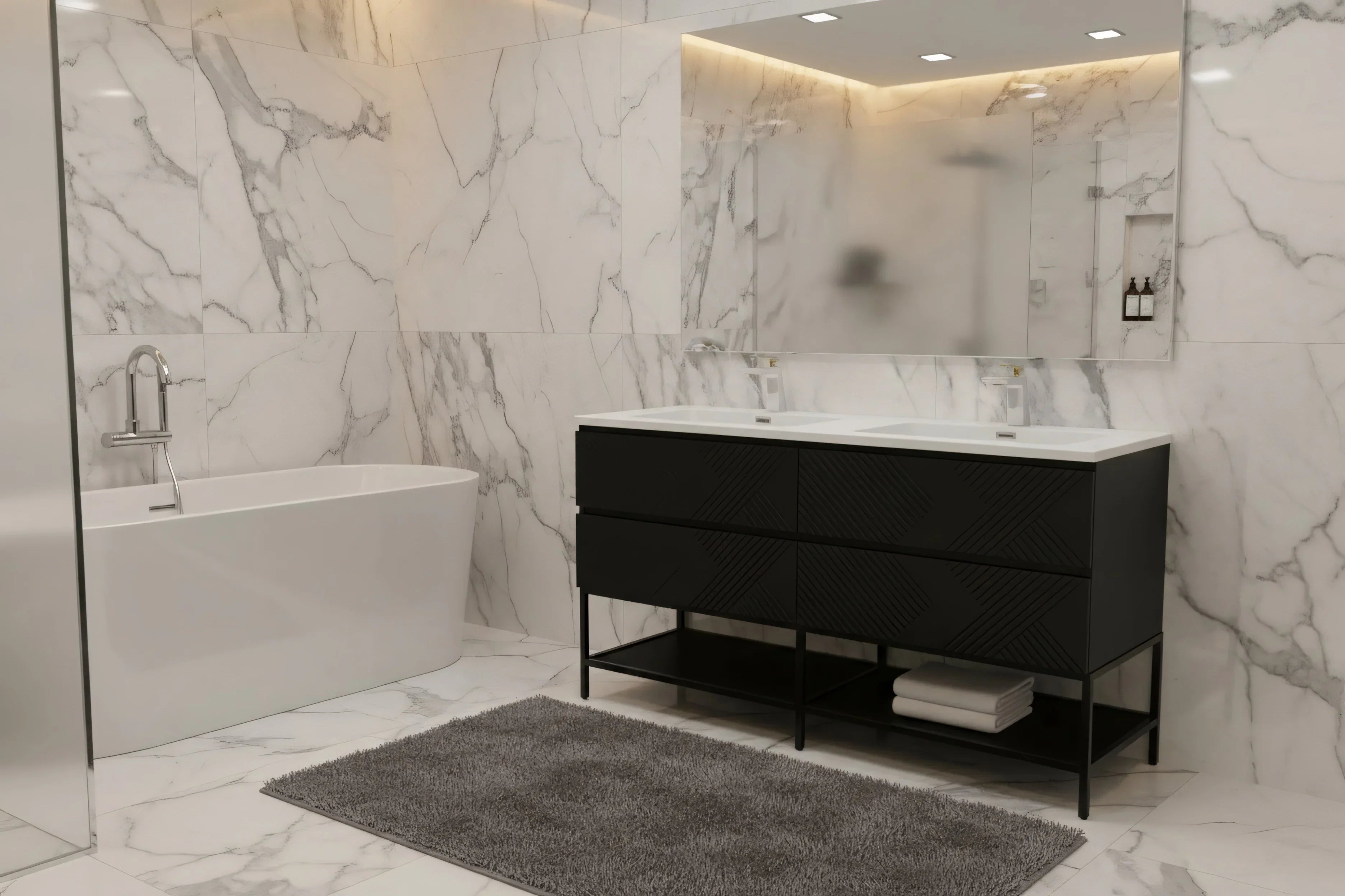 60" Black Wall Mount Bathroom Vanity with White Polymarble Countertop-Migration_Bathroom Vanities-DECOROLALA