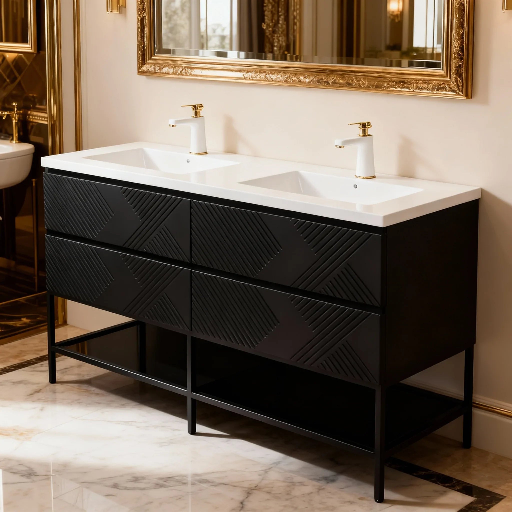 60" Black Wall Mount Bathroom Vanity with White Polymarble Countertop-Migration_Bathroom Vanities-DECOROLALA