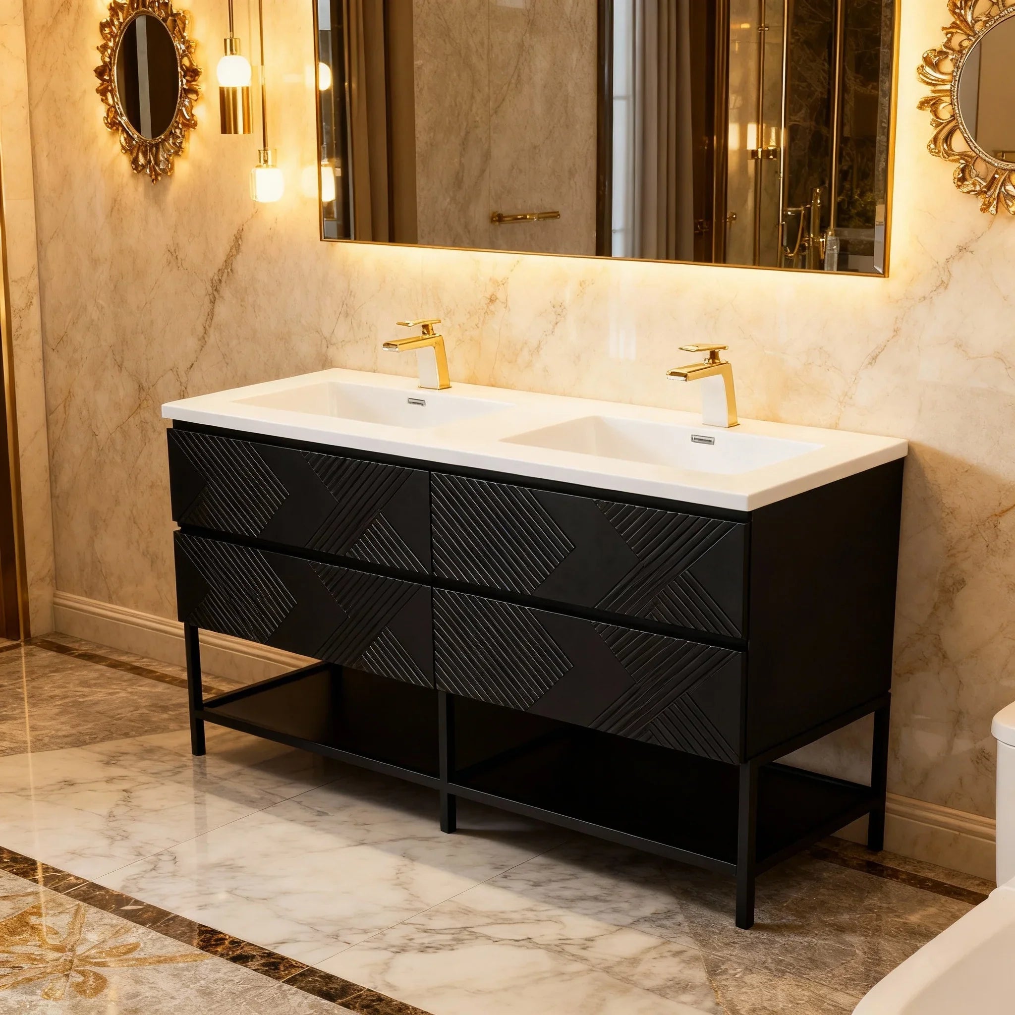 60" Black Wall Mount Bathroom Vanity with White Polymarble Countertop-Migration_Bathroom Vanities-DECOROLALA