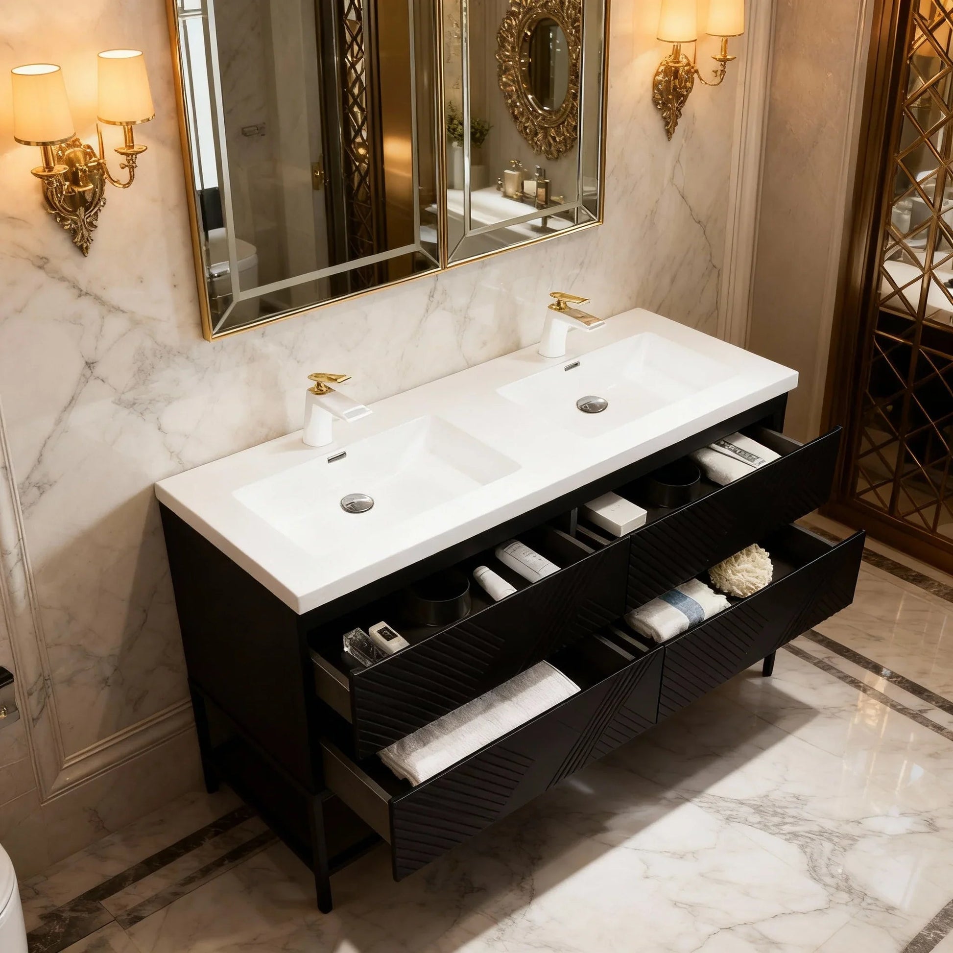 60" Black Wall Mount Bathroom Vanity with White Polymarble Countertop-Migration_Bathroom Vanities-DECOROLALA