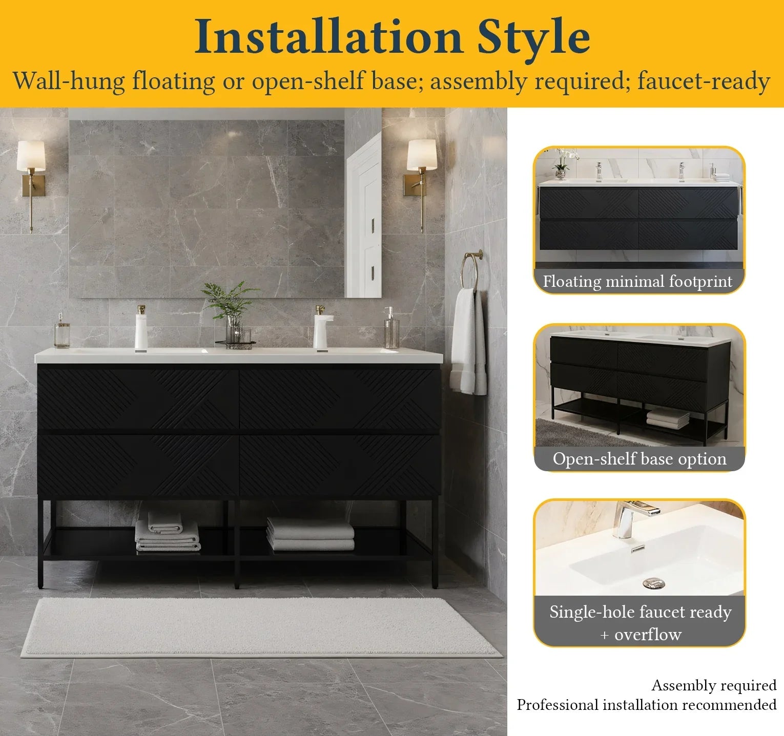 60" Black Wall Mount Bathroom Vanity with White Polymarble Countertop-Migration_Bathroom Vanities-DECOROLALA