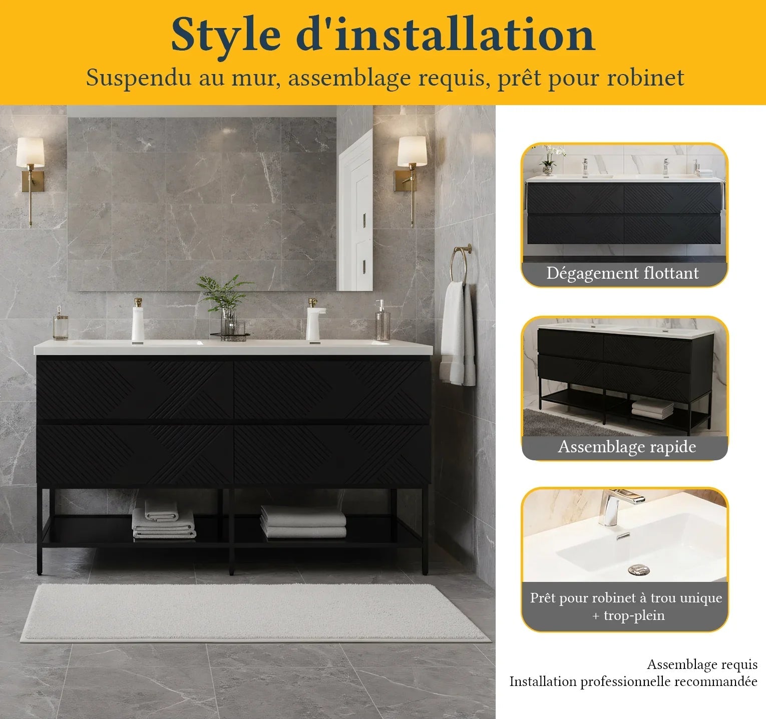 60" Black Wall Mount Bathroom Vanity with White Polymarble Countertop-Migration_Bathroom Vanities-DECOROLALA