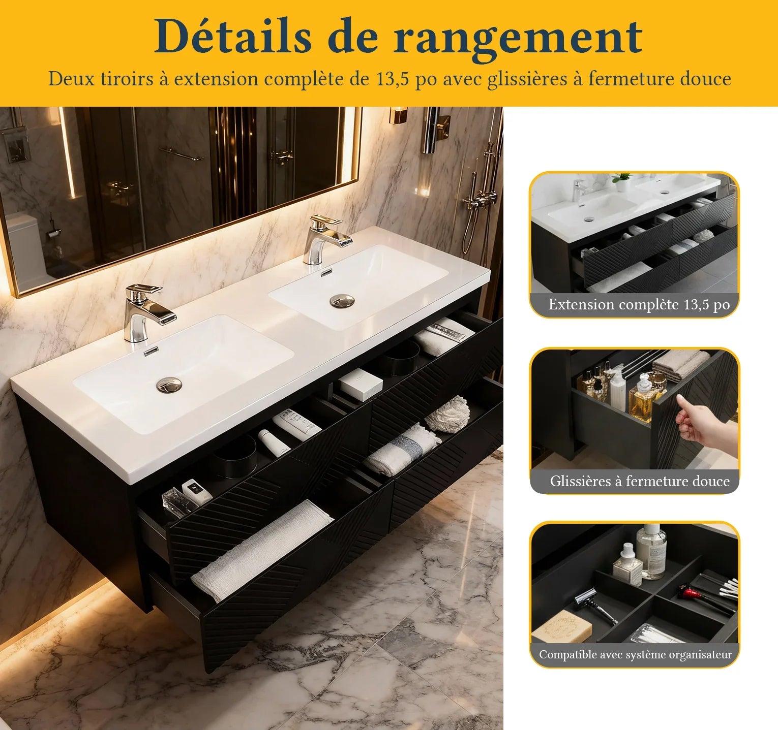 60" Black Wall Mount Bathroom Vanity with White Polymarble Countertop-Migration_Bathroom Vanities-DECOROLALA