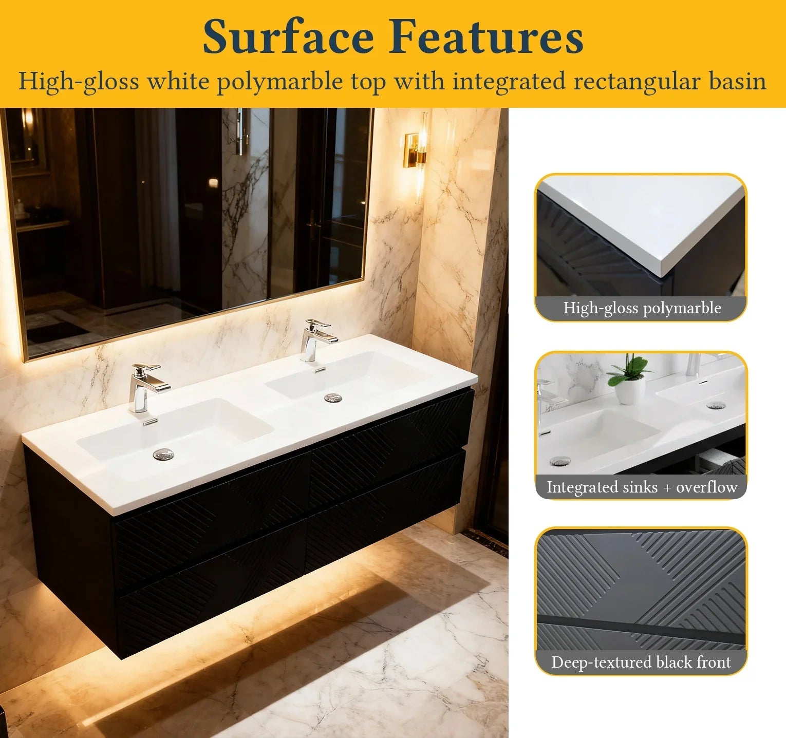 60" Black Wall Mount Bathroom Vanity with White Polymarble Countertop-Migration_Bathroom Vanities-DECOROLALA