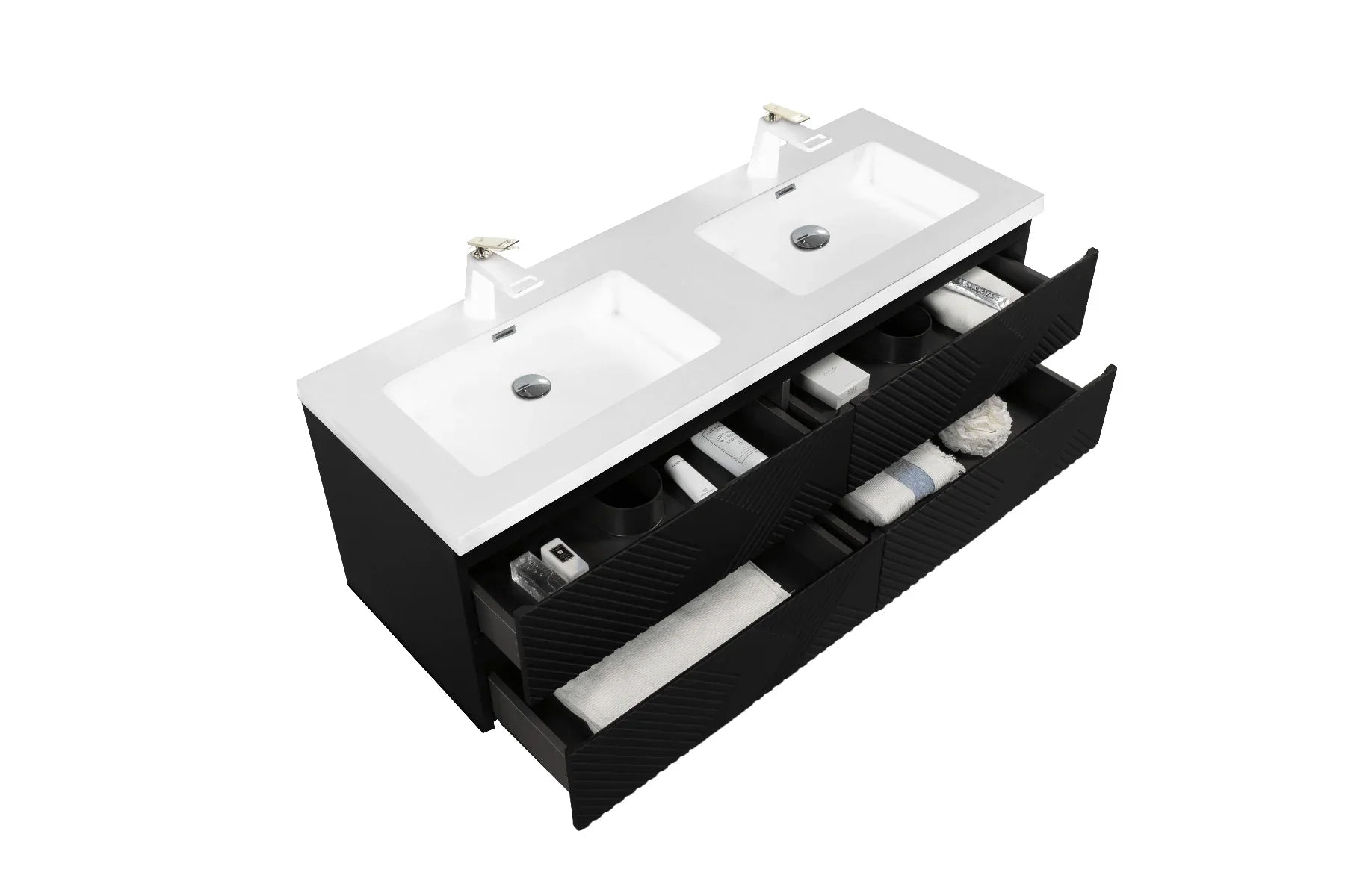 60" Black Wall Mount Bathroom Vanity with White Polymarble Countertop-Migration_Bathroom Vanities-DECOROLALA