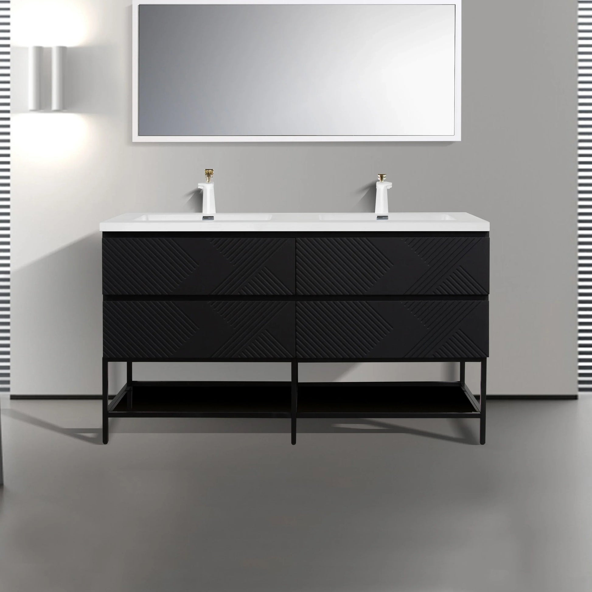 60" Black Wall Mount Bathroom Vanity with White Polymarble Countertop-Migration_Bathroom Vanities-DECOROLALA