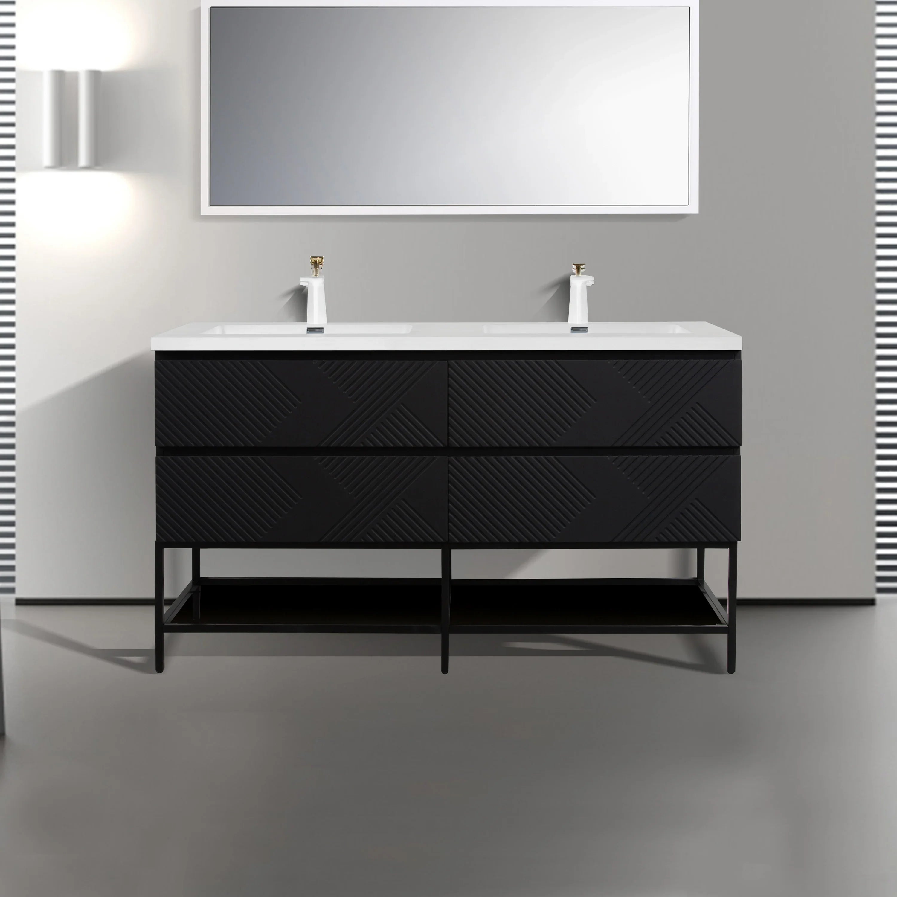 60" Black Wall Mount Bathroom Vanity with White Polymarble Countertop-Migration_Bathroom Vanities-DECOROLALA