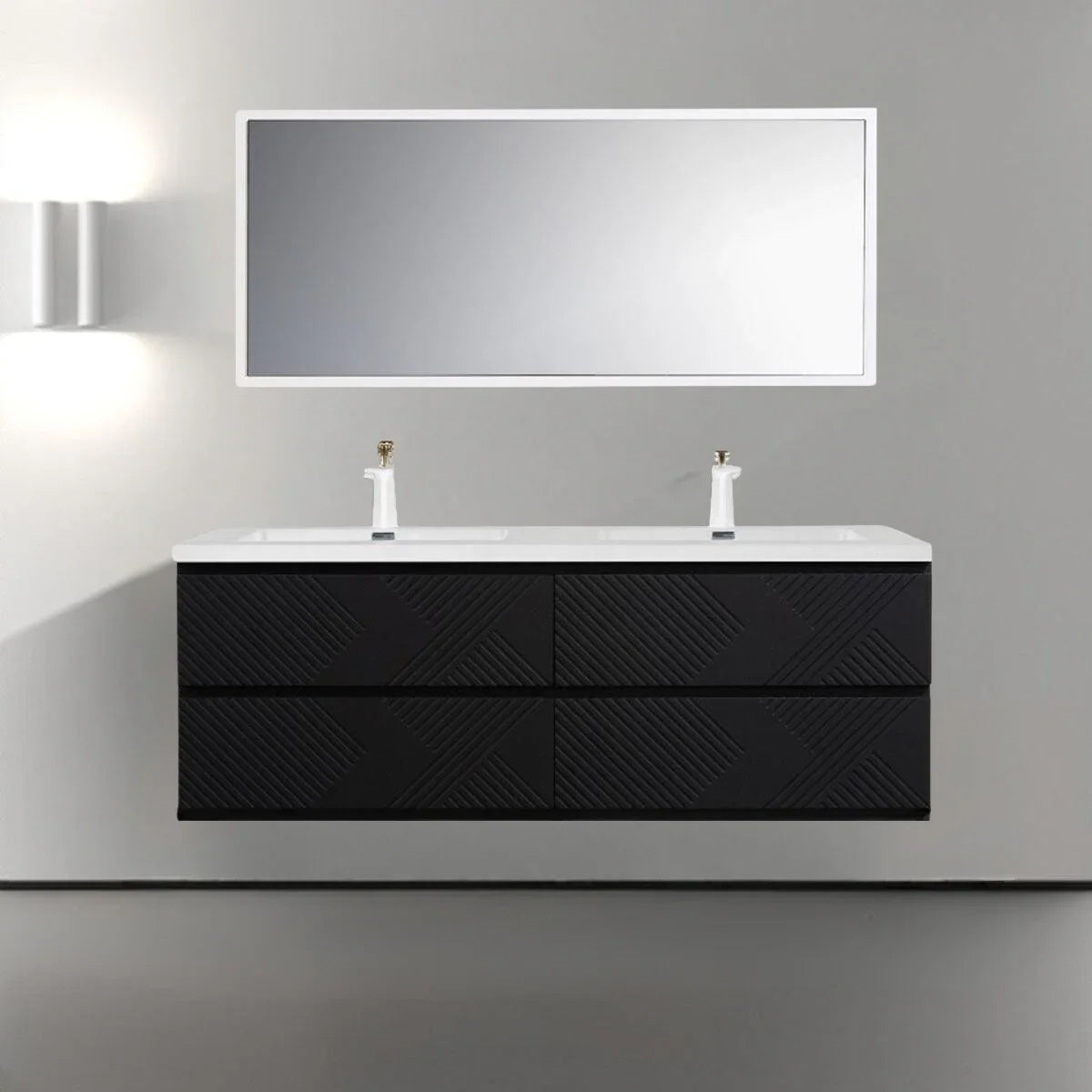 60" Black Wall Mount Bathroom Vanity with White Polymarble Countertop-Migration_Bathroom Vanities-DECOROLALA