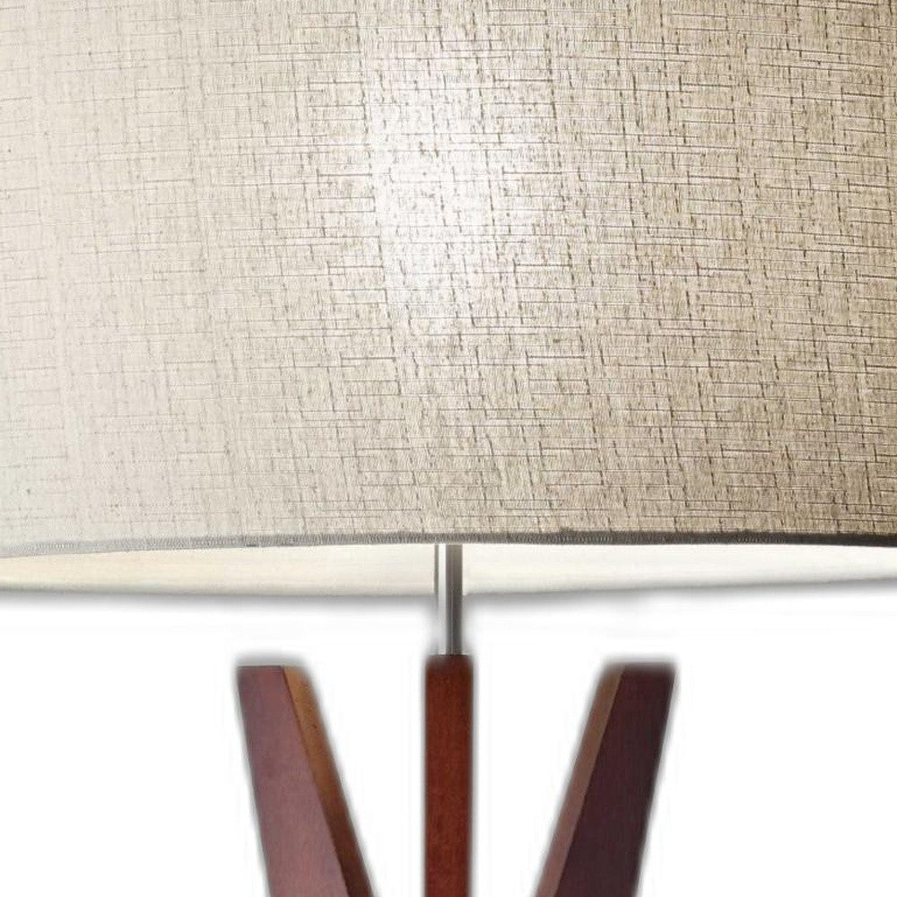 60" Brown And White Solid Wood Tripod Floor Lamp With White Fabric Drum Shade-Floor Lamps-DECOROLALA