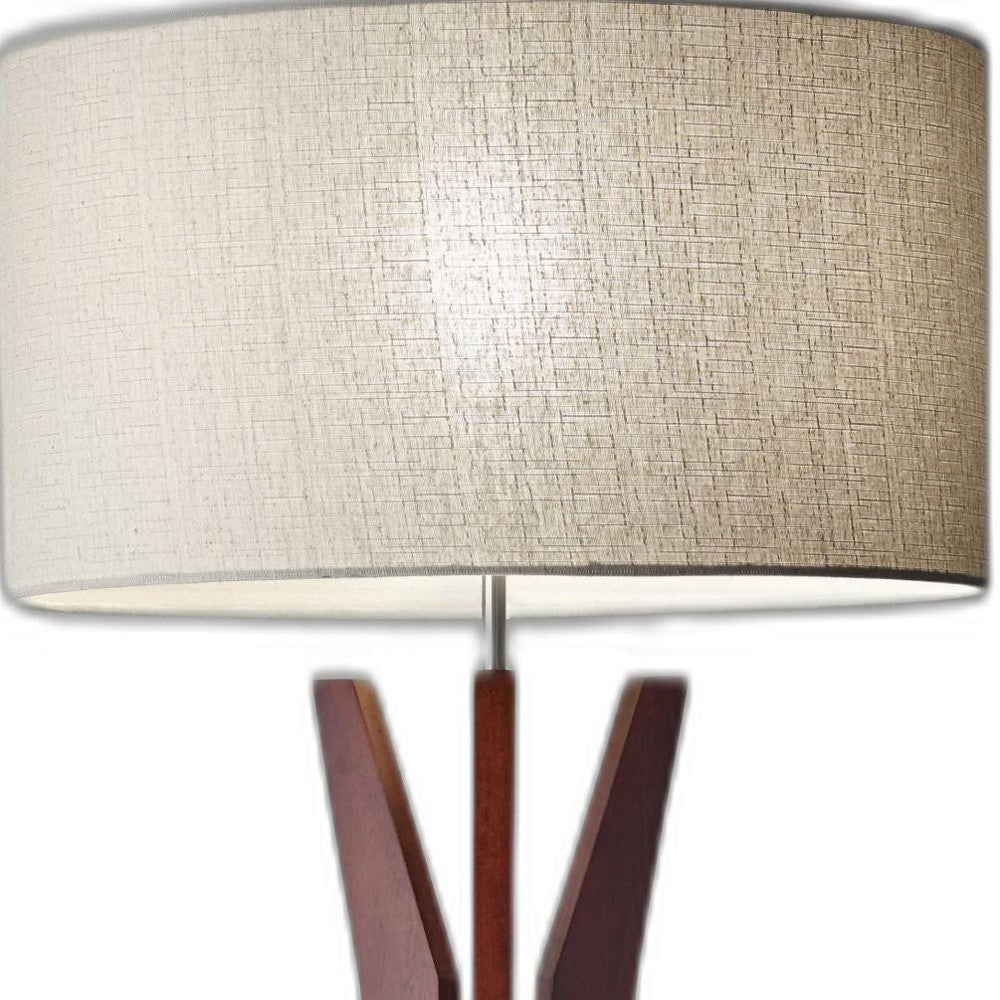 60" Brown And White Solid Wood Tripod Floor Lamp With White Fabric Drum Shade-Floor Lamps-DECOROLALA